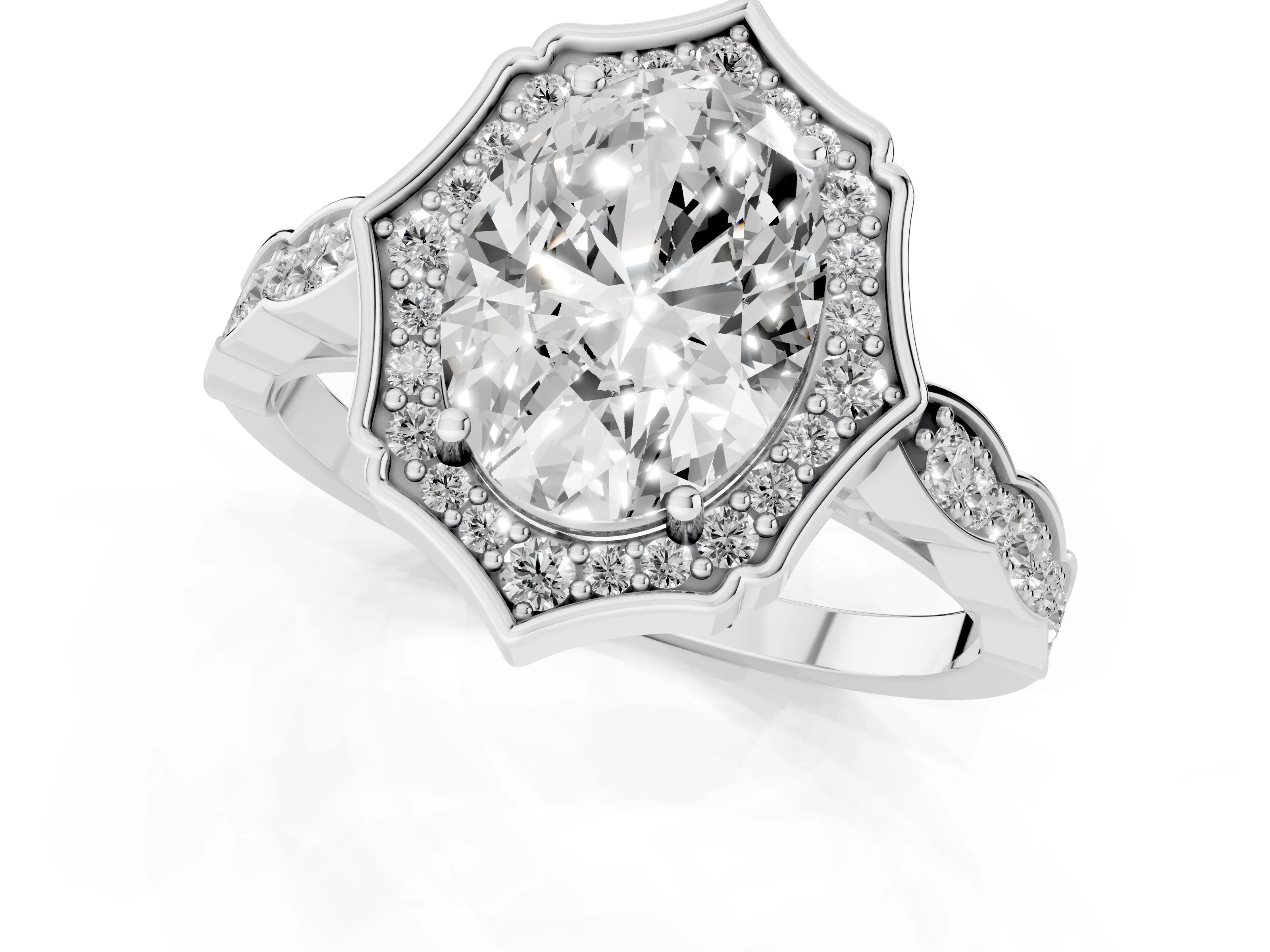 Oval Cut Diamond Halo Engagement Ring Set in White gold with Milgrain Band and Prong Setting