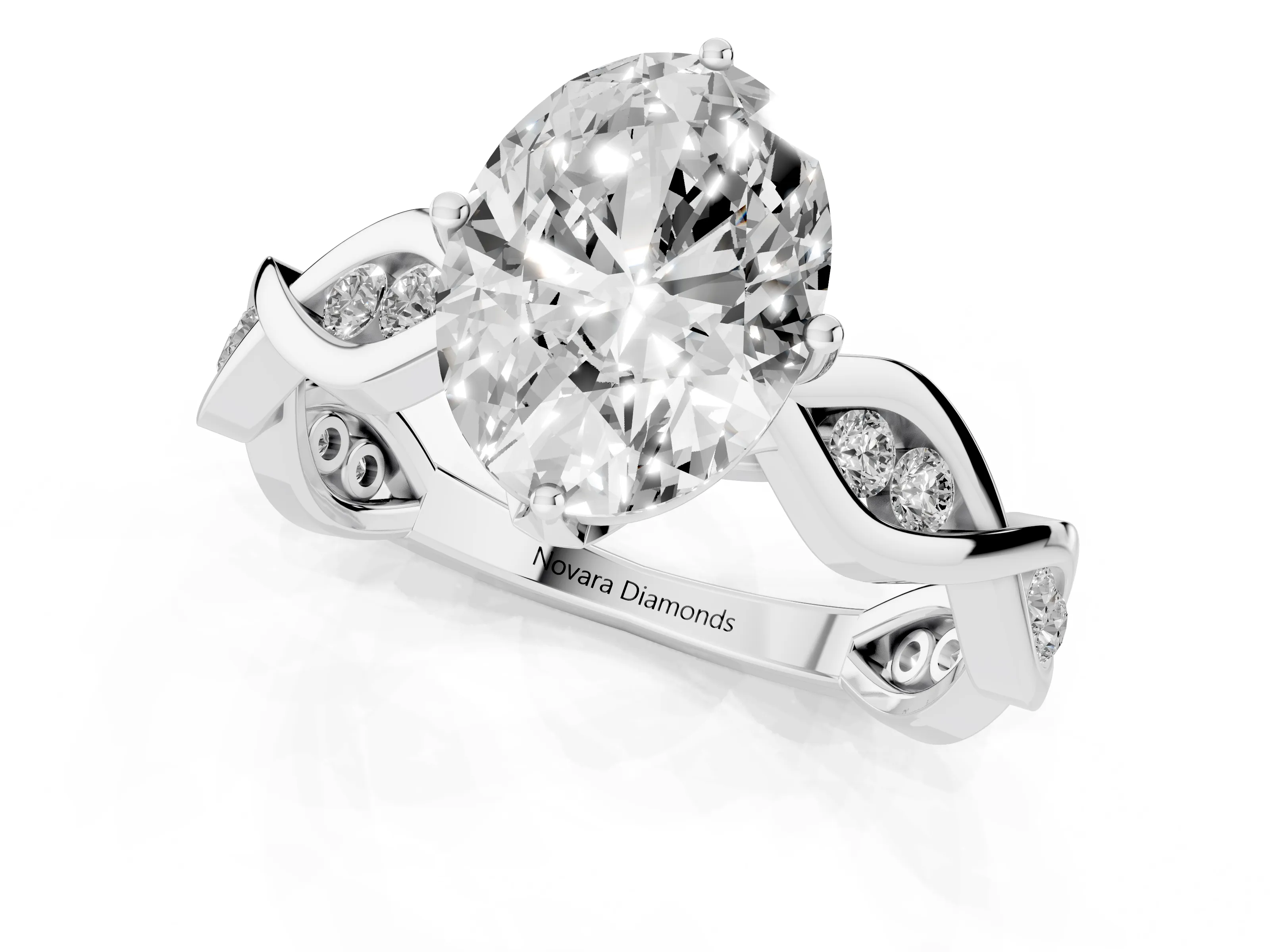 Oval Cut Diamond Twist Band Solitaire Ring Set in Platinum with Leaf Prong Setting and Accent Stones