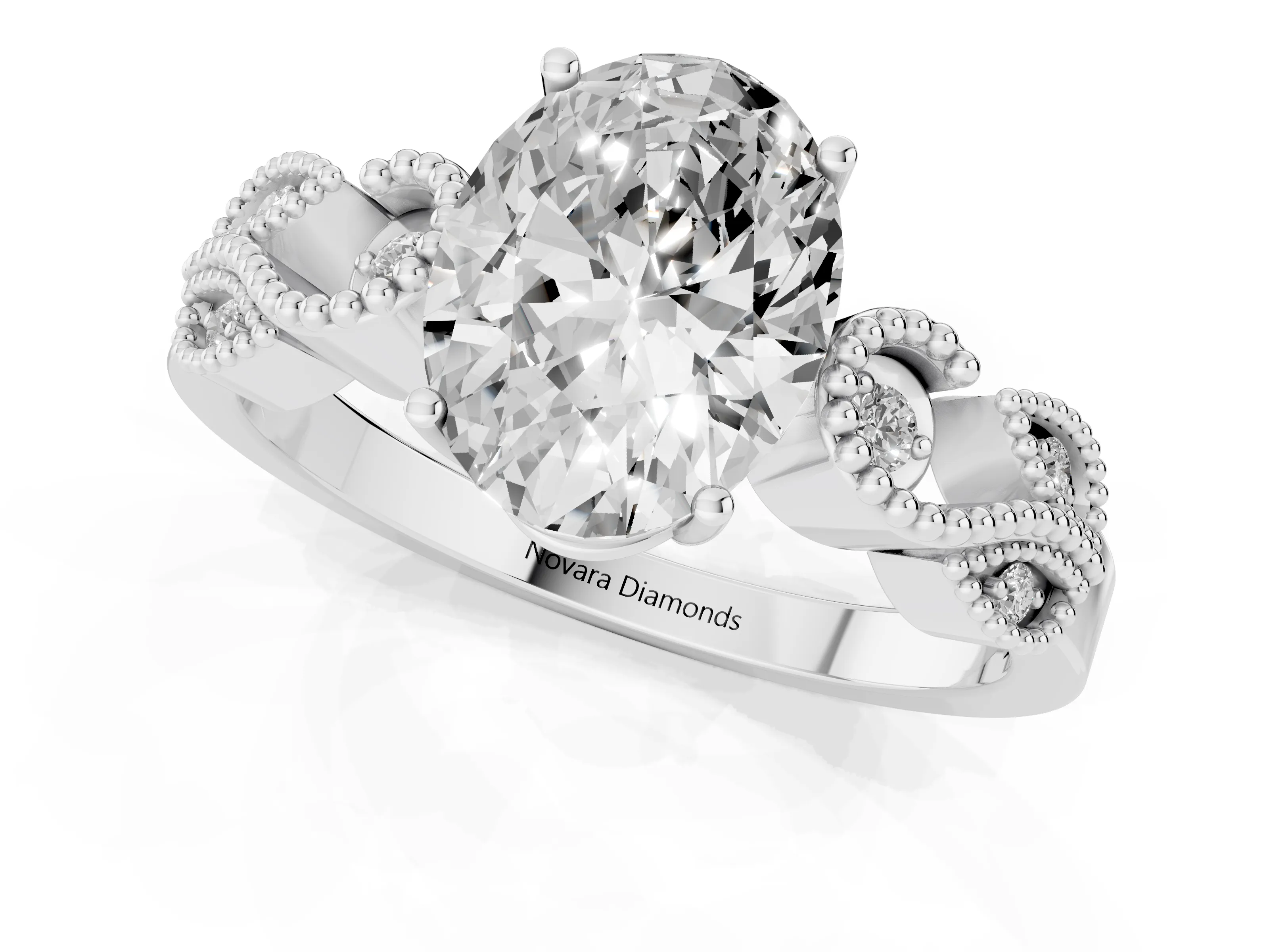 Oval Cut Diamond Milgrain Leaf Band Solitaire Ring Set in Platinum with Accent Stones and Prong Setting