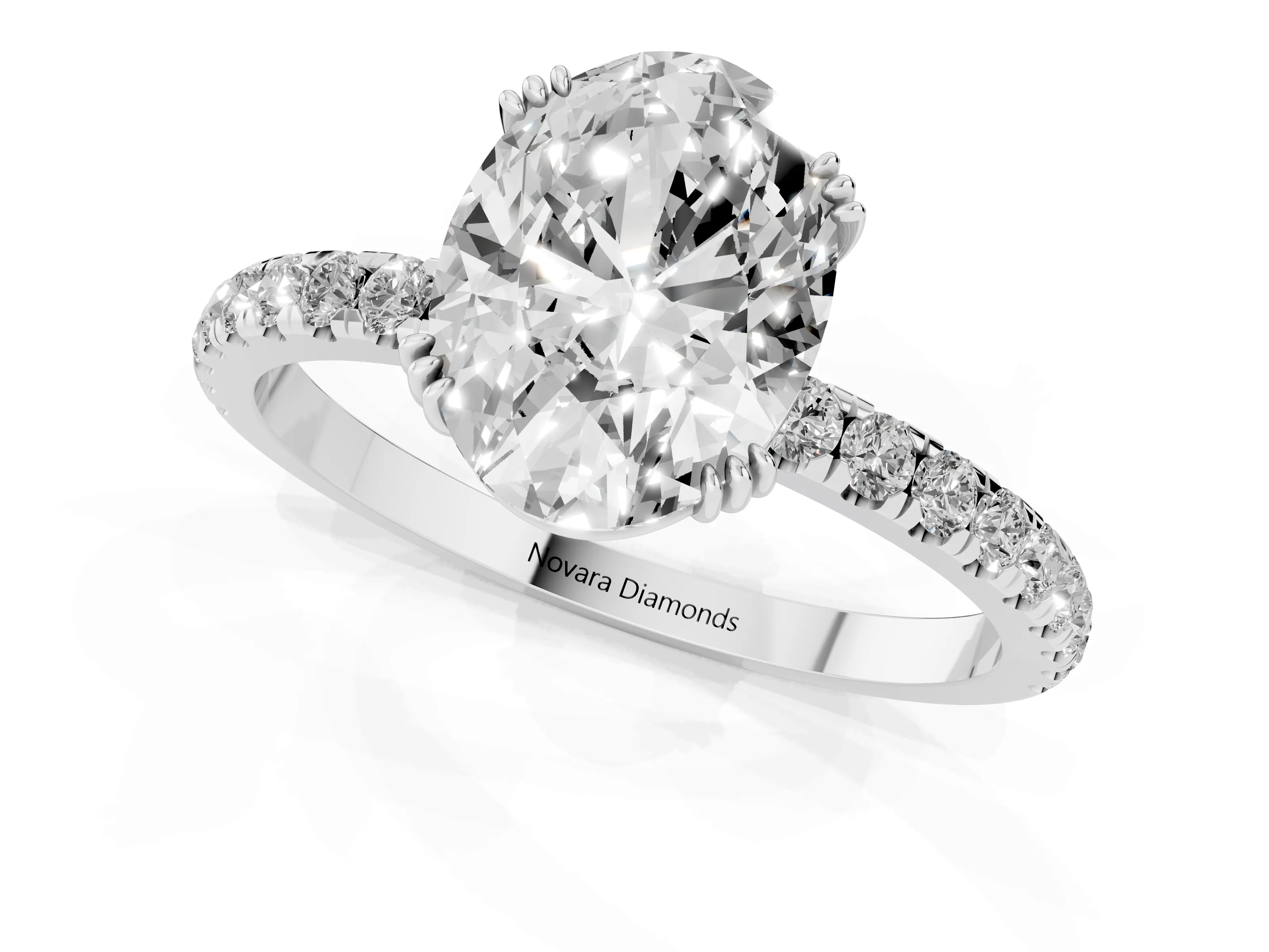 Oval Cut Diamond Brilliant Solitaire Set in Silver with Pavé Band and Claw Prong Setting