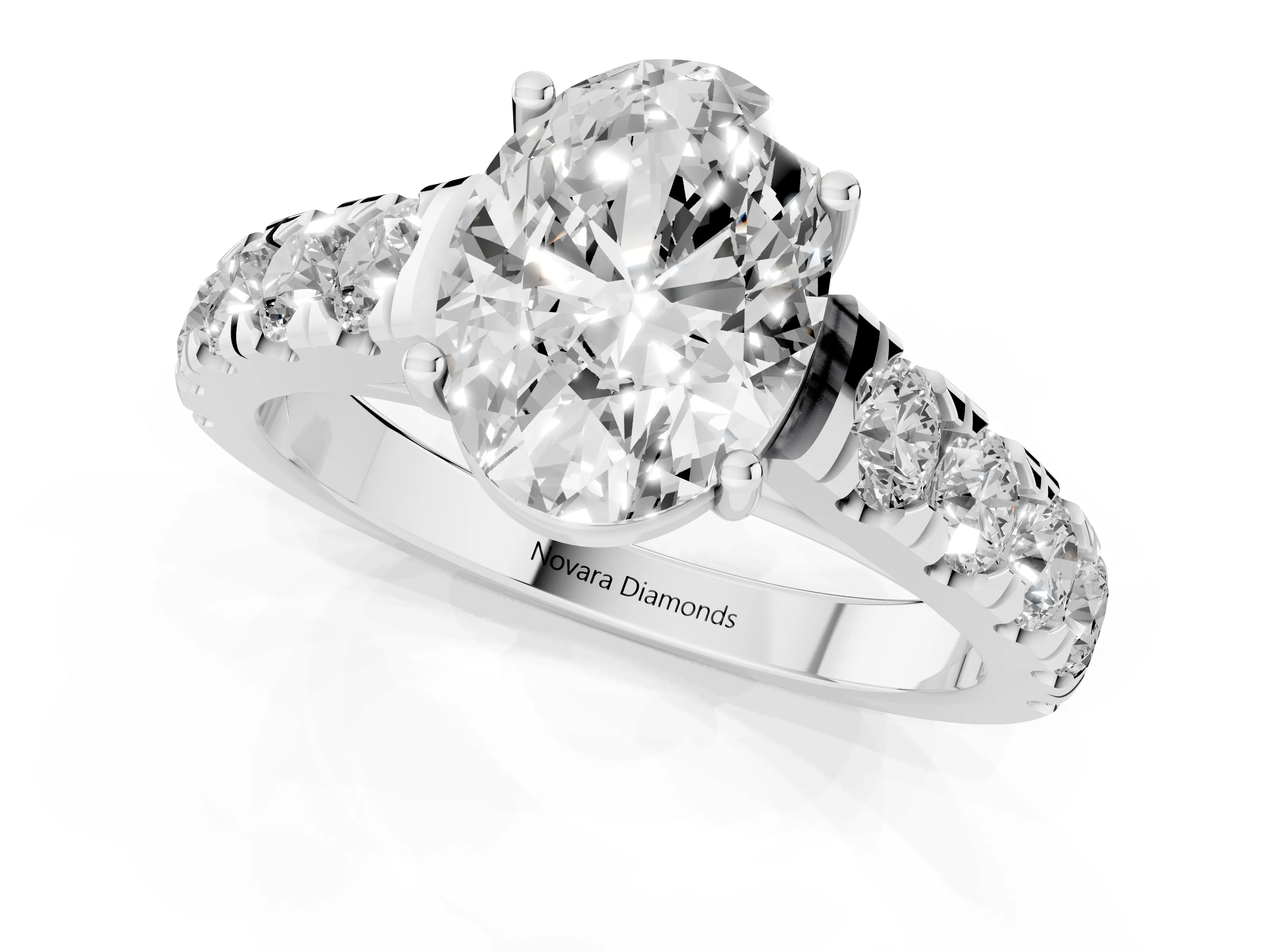 Oval Cut Diamond Solitaire Ring Set in Silver with Cut-Down Micro Pavé Band and Prong Setting