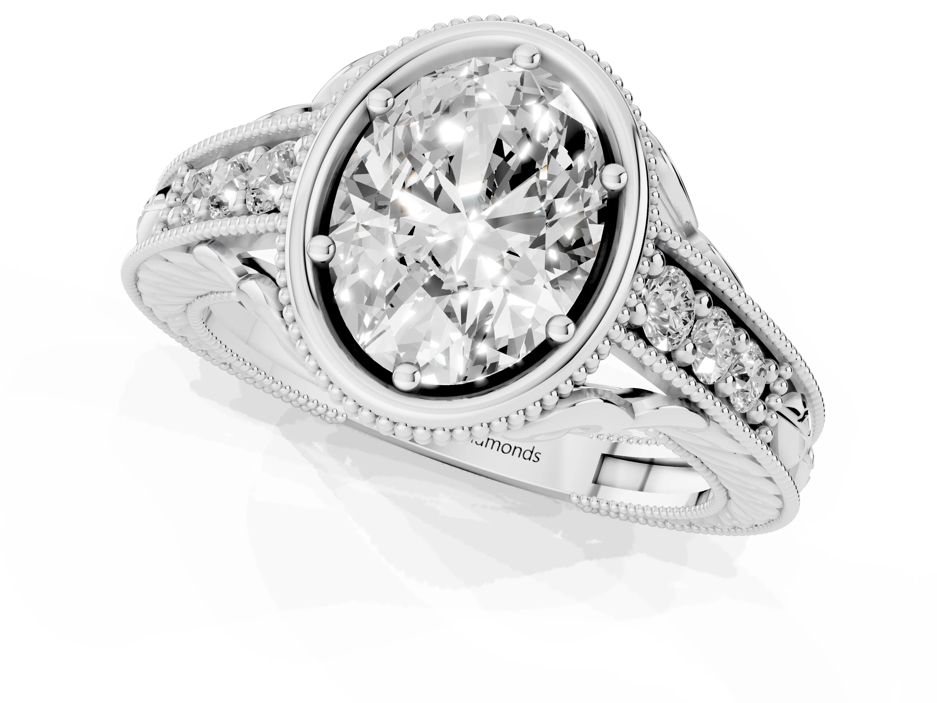 Bezel Set Oval Cut Diamond Milgrain Pavé Engagement Ring Set in Silver