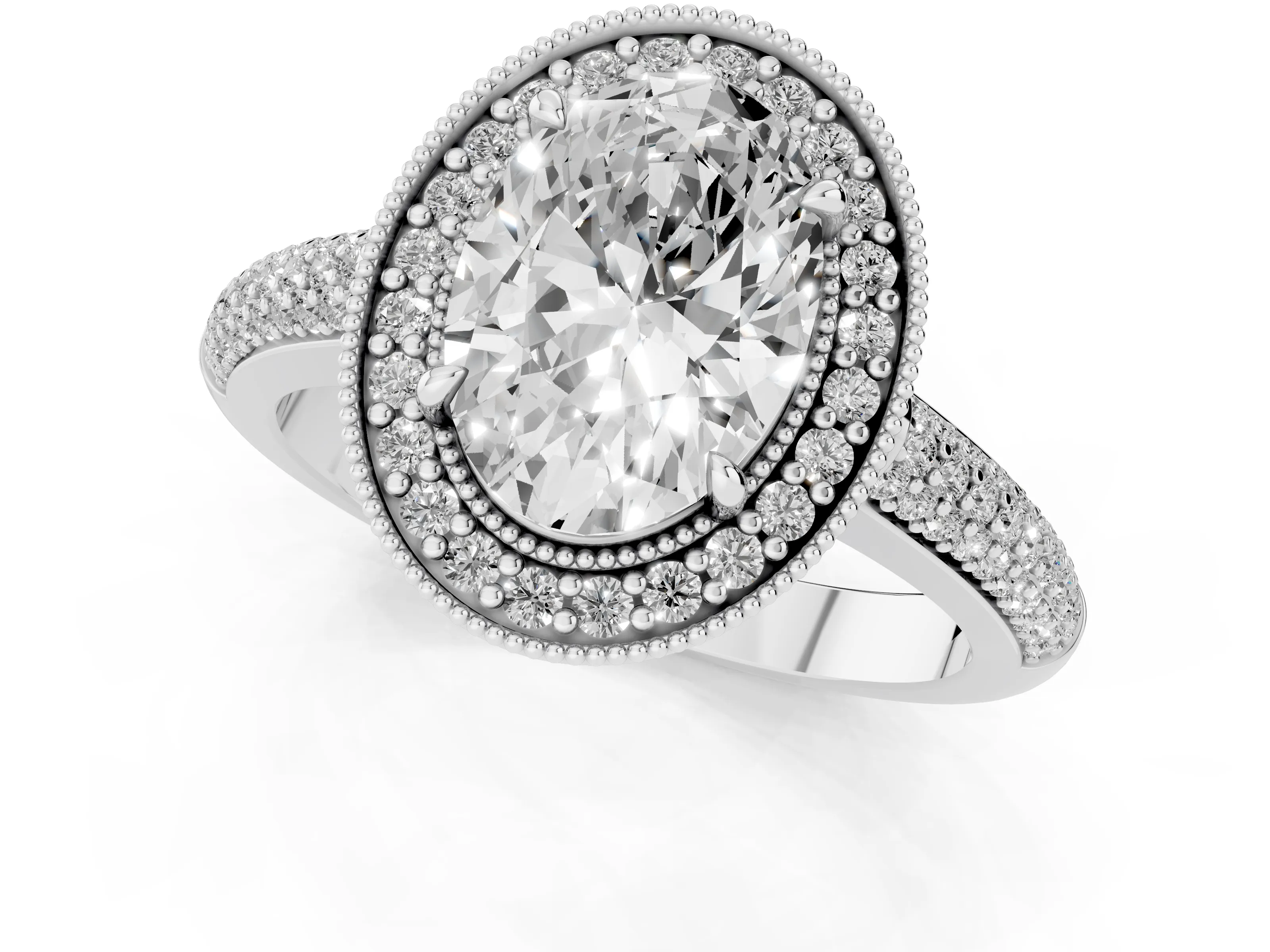 Oval Cut Diamond Halo Pavé Band Set in Silver with Prong Setting