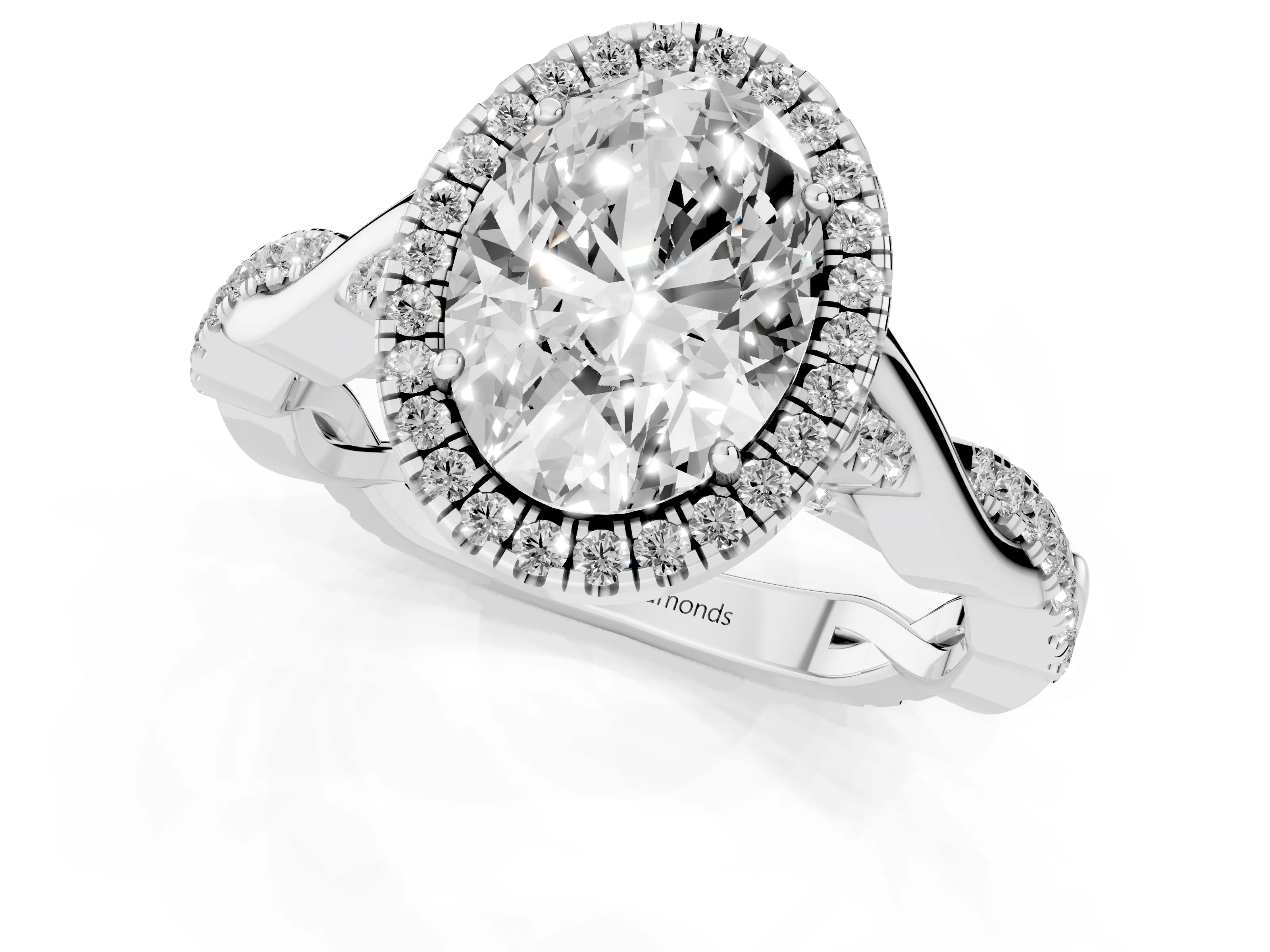 Oval Cut Diamond Halo Twist Band Solitaire Ring Set in White gold with Prong Setting
