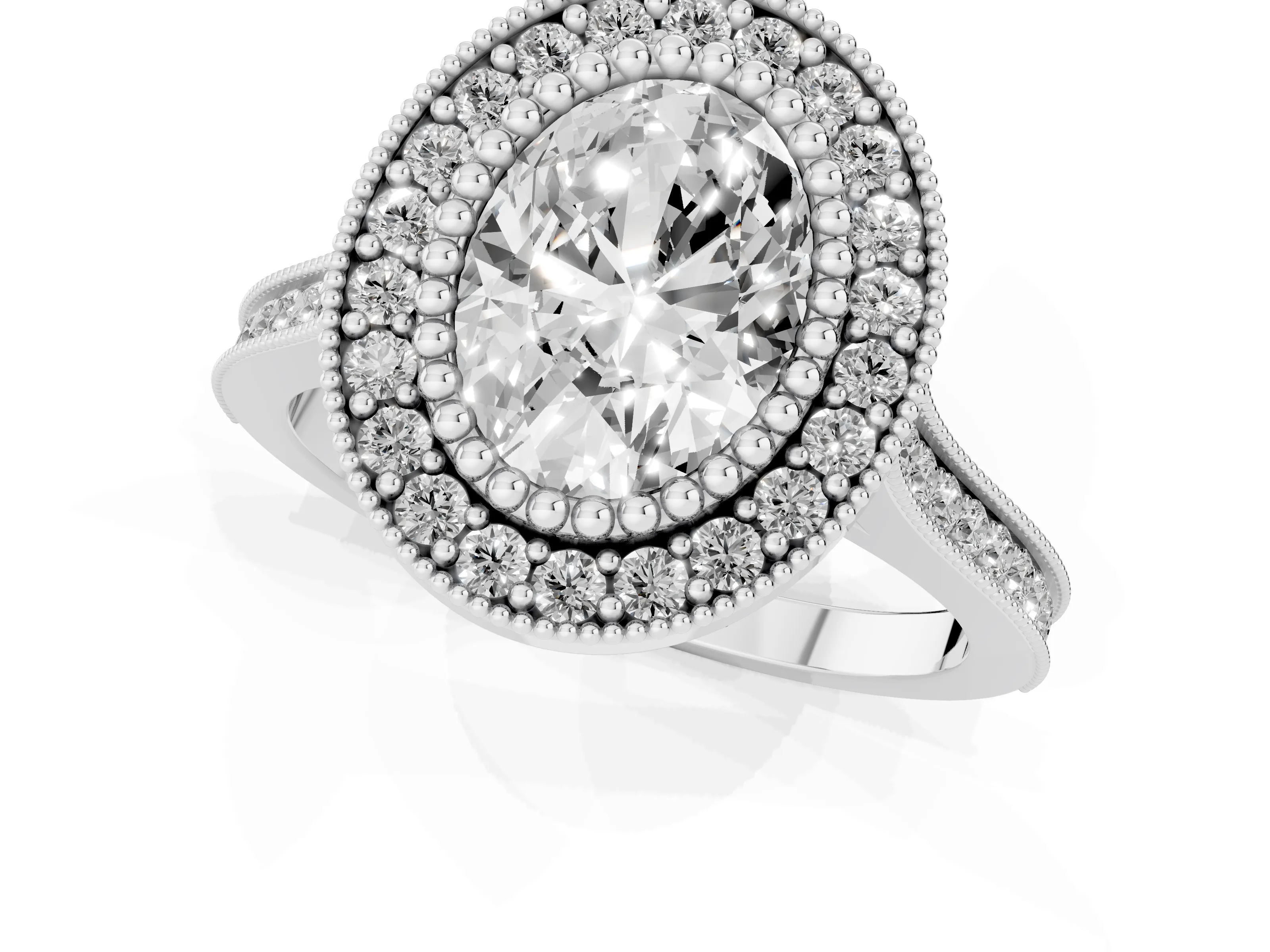 Oval Cut Diamond Halo Ring Set in Silver with Milgrain Frame and Pavé Band