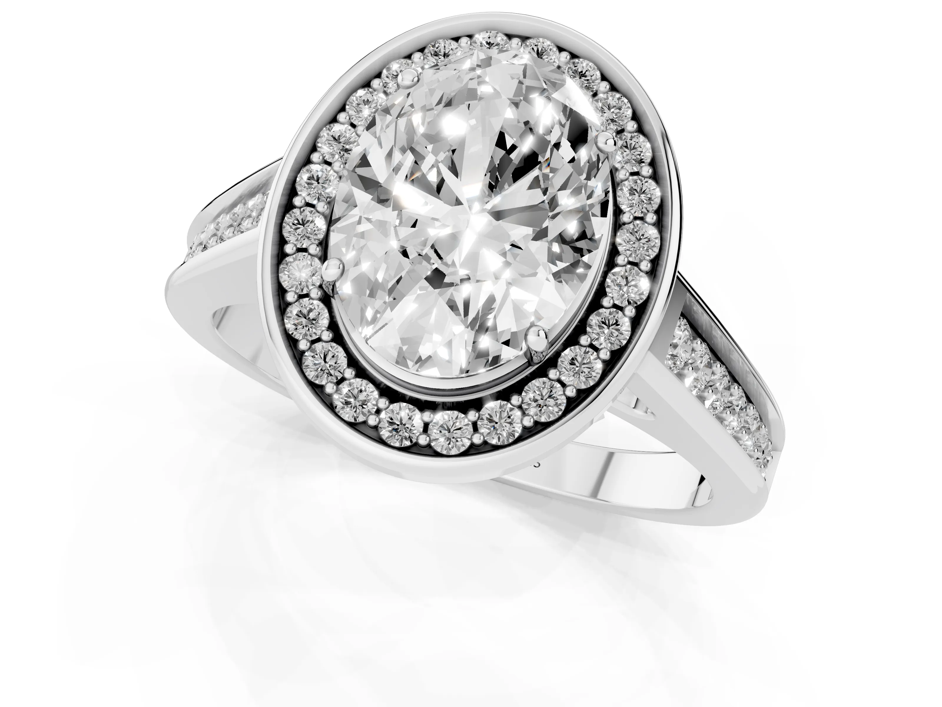 Oval Cut Diamond Halo Solitaire Ring Set in Platinum with Pavé Band and Bezel Setting