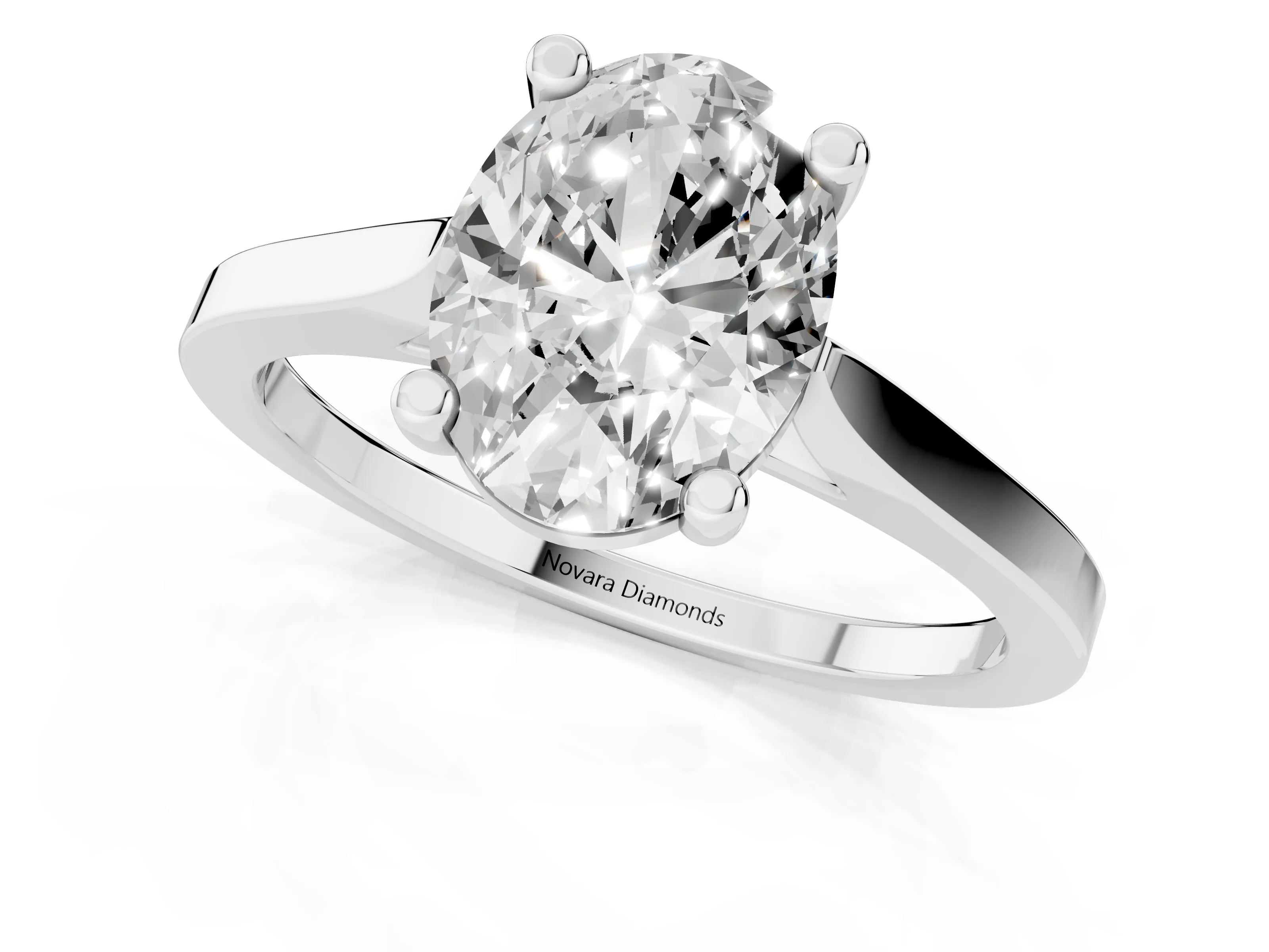 Oval Cut Diamond Solitaire Ring Set in Silver with Prong Setting and Tapered Band