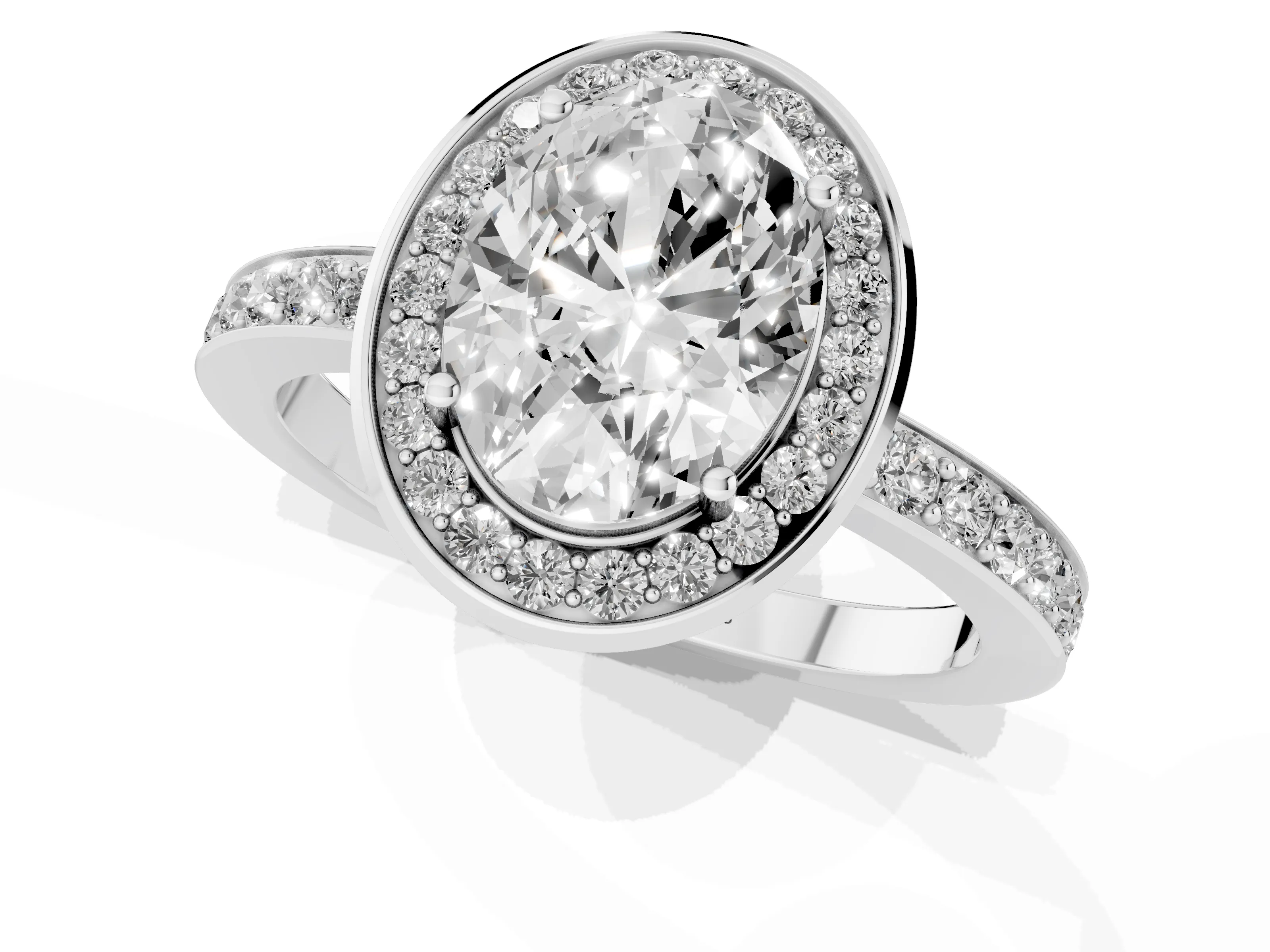 Oval Cut Diamond Halo Ring Set in Platinum with Bezel Frame and Pavé Band
