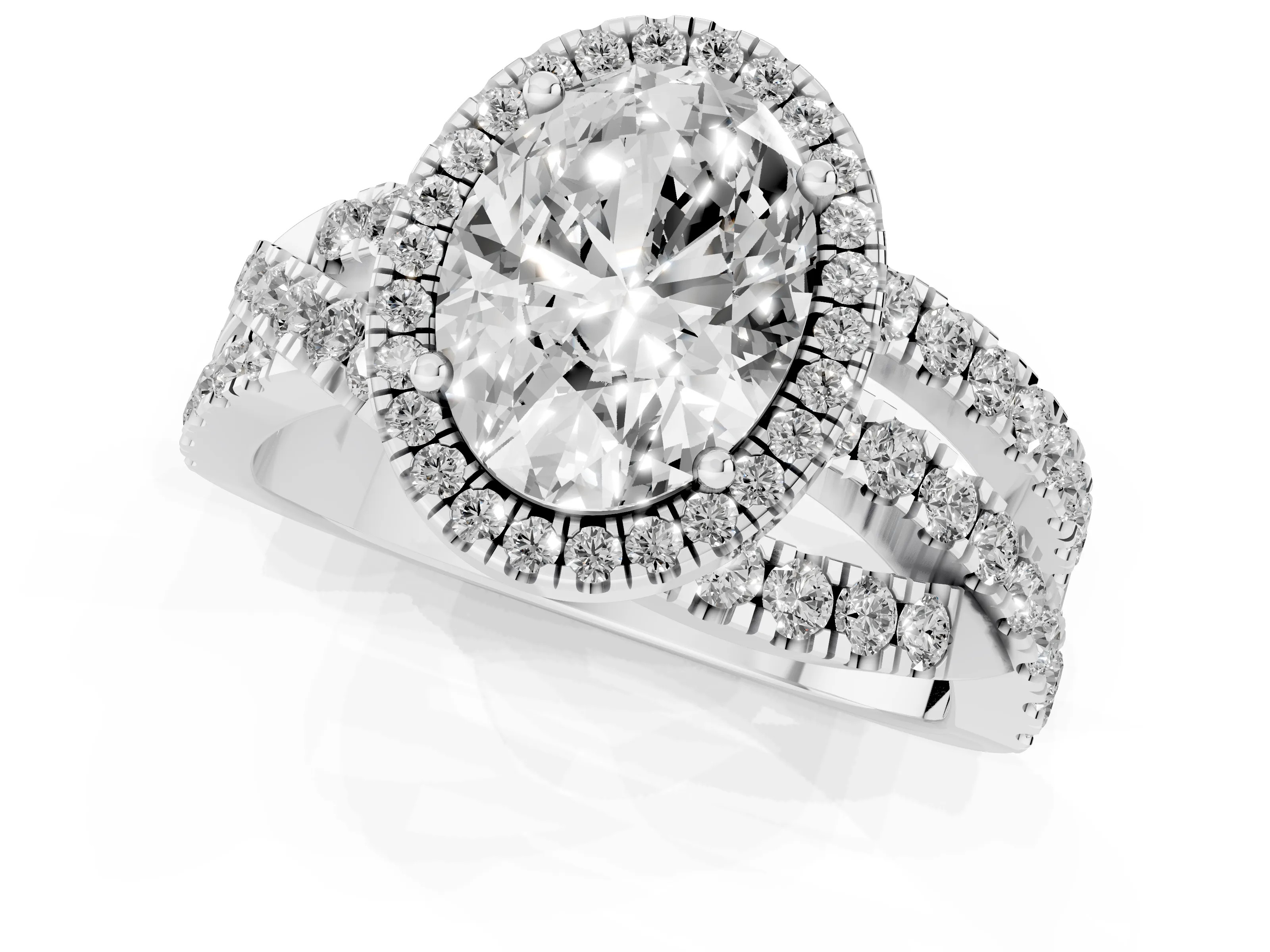 Oval Cut Diamond Halo Ring Set in Platinum with Round Crossover Split Shank and Prong Setting