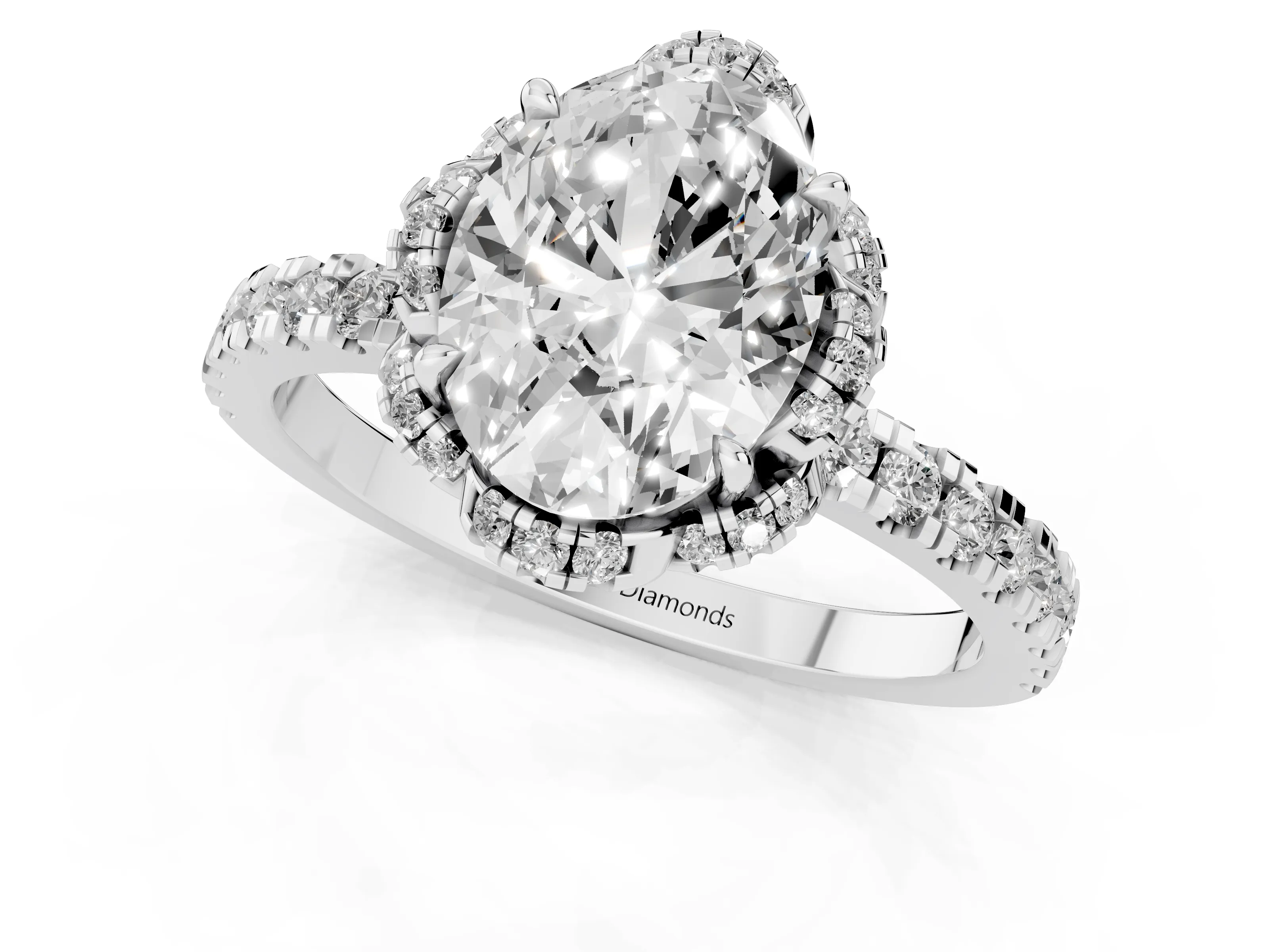 Oval Cut Diamond Halo Pavé Band Ring Set in Platinum with Prong-Held Center