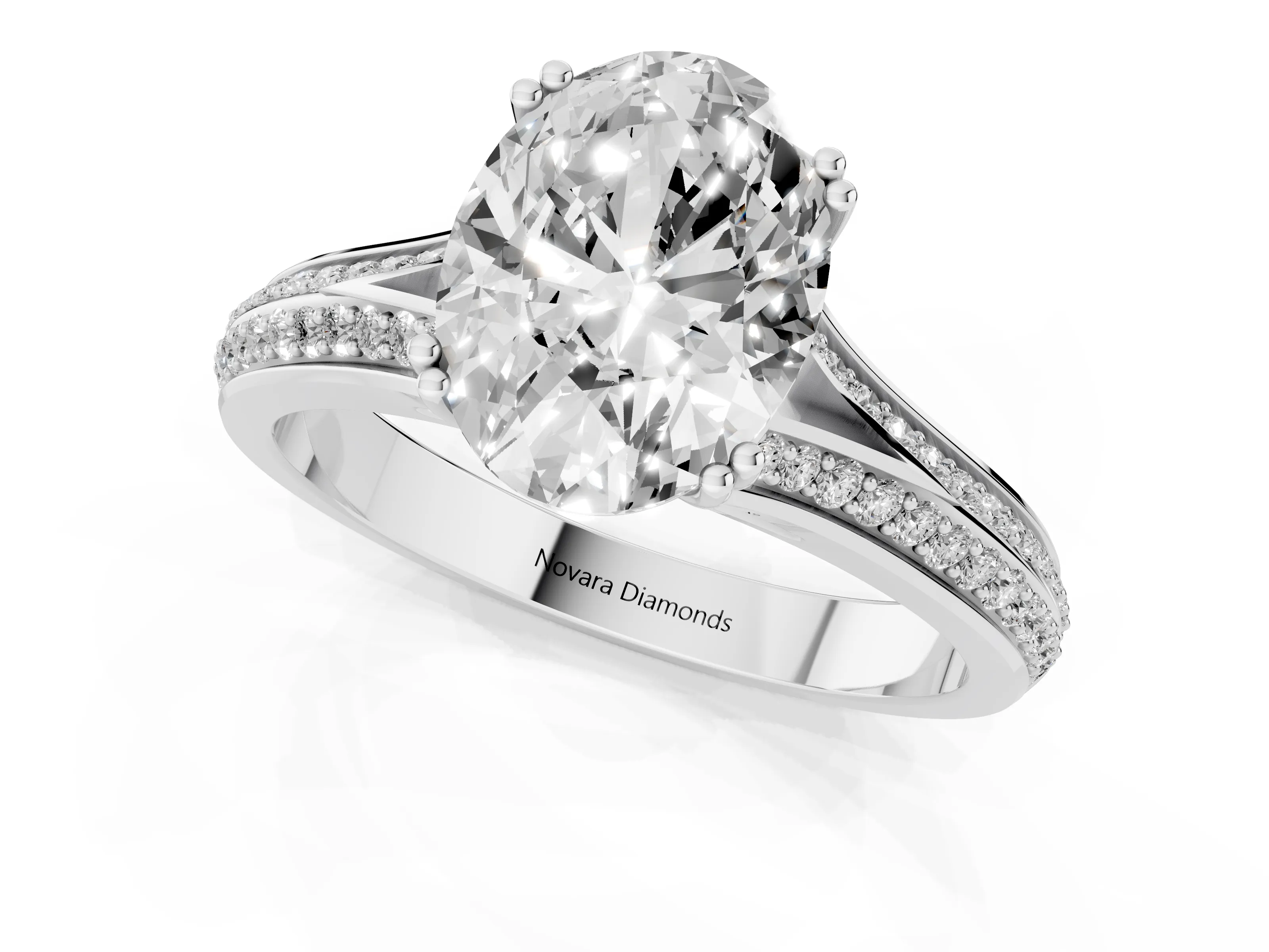 Oval Cut Diamond Split Shank Pavé Engagement Ring Set in White gold with Prong-Set Center Stone