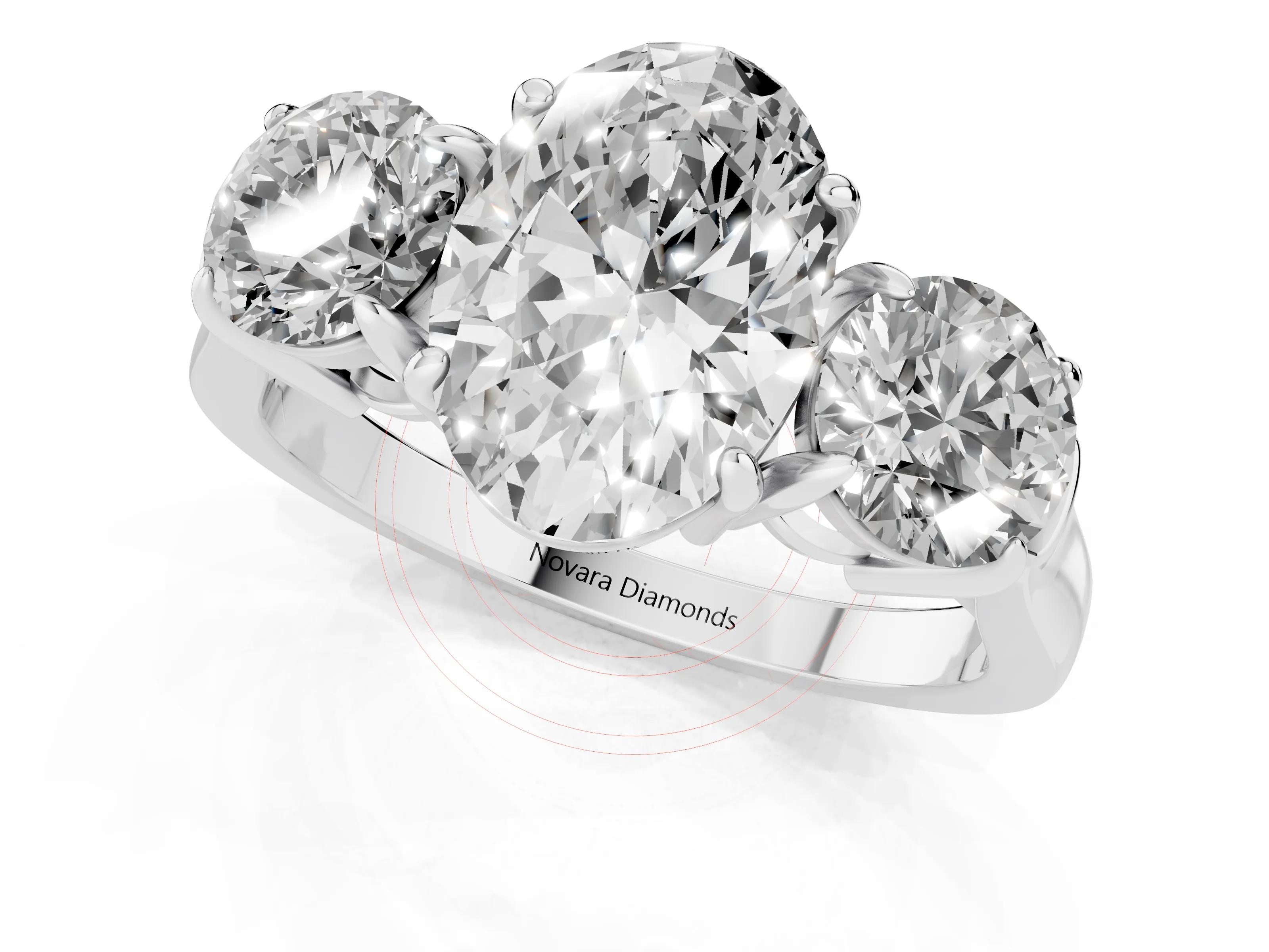 Oval Cut Diamond Three-Stone Ring Set in Silver with Round Accent Stones and Plain Band