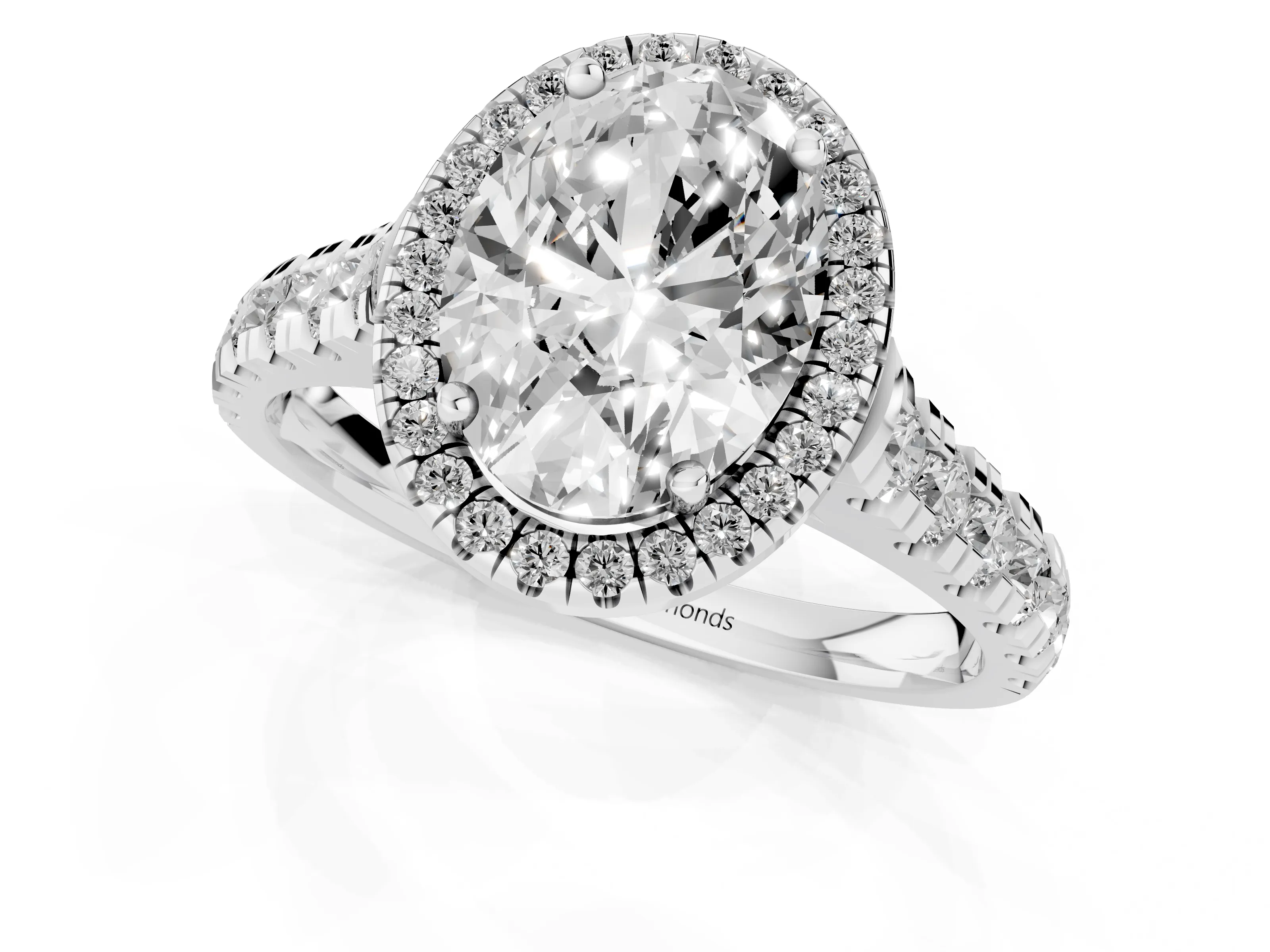 Oval Cut Diamond Halo Engagement Ring Set in White gold with Pavé Band and Prong-Set Center