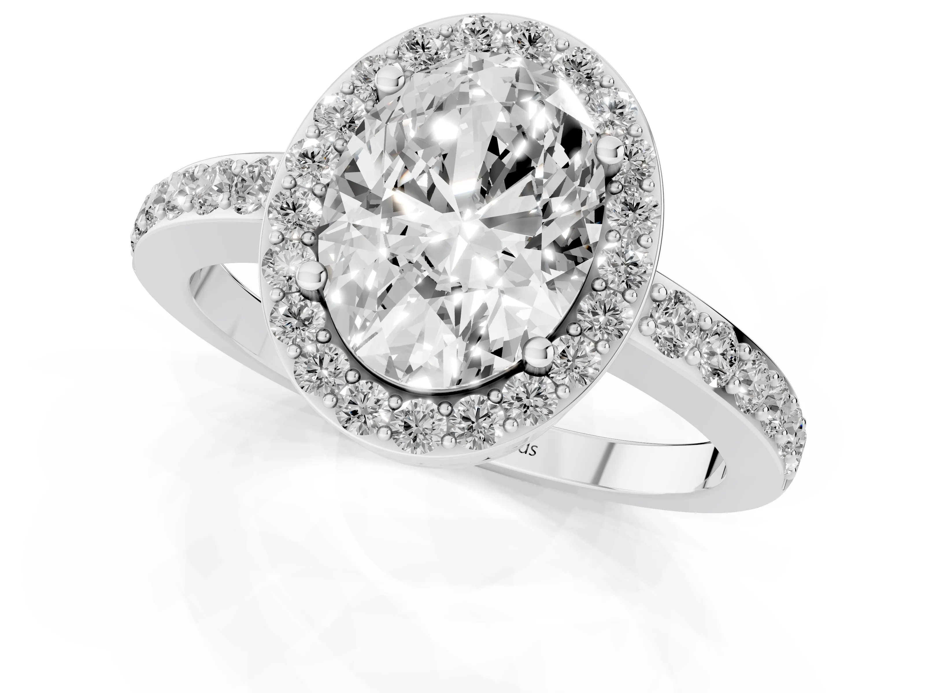 Oval Cut Diamond Halo Ring Set in White gold with Pavé-Setting Band and Open Prong Center