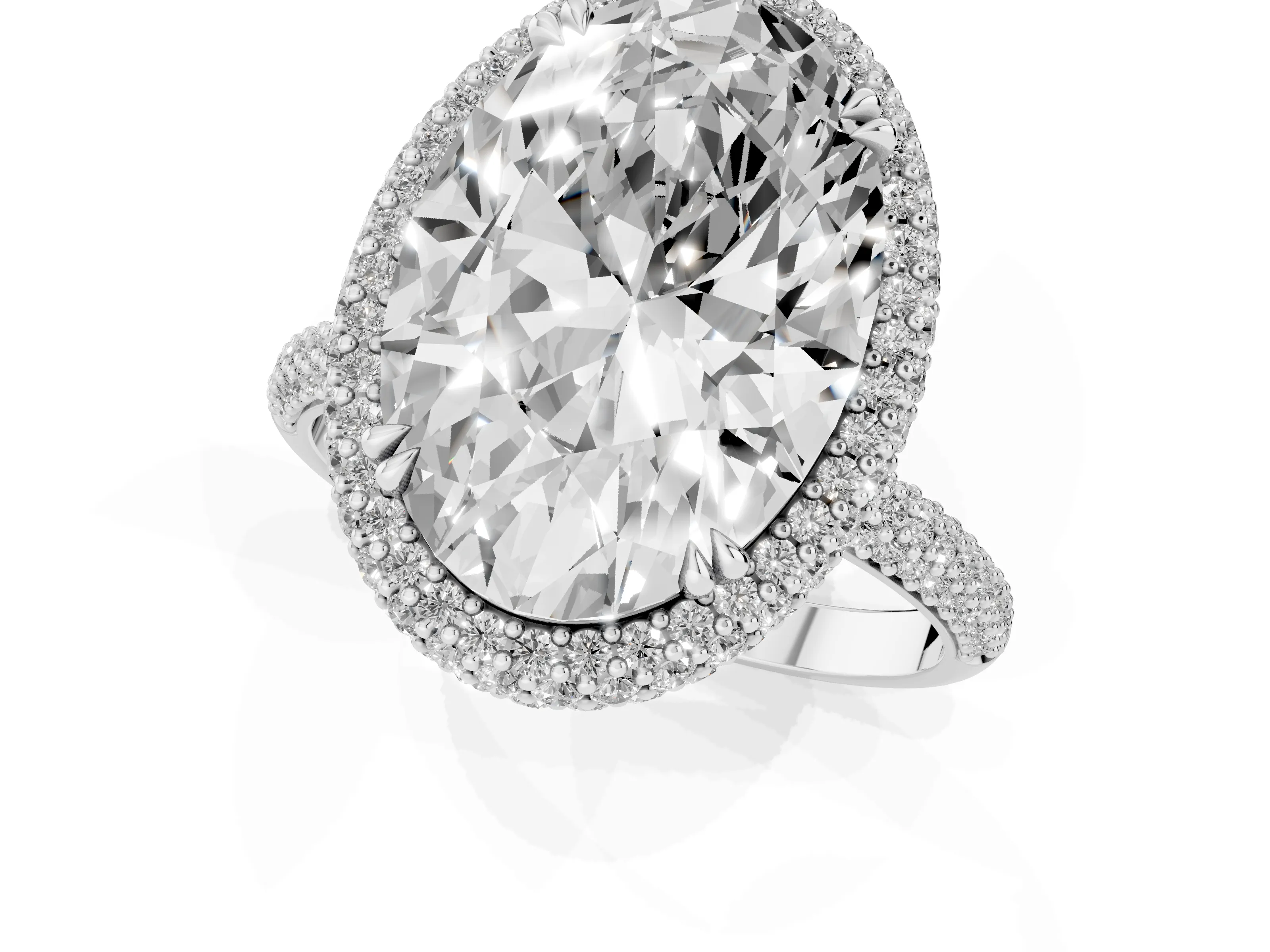 Oval Diamond Halo Ring Set in Platinum with Round Accent Halo and Pavé Band