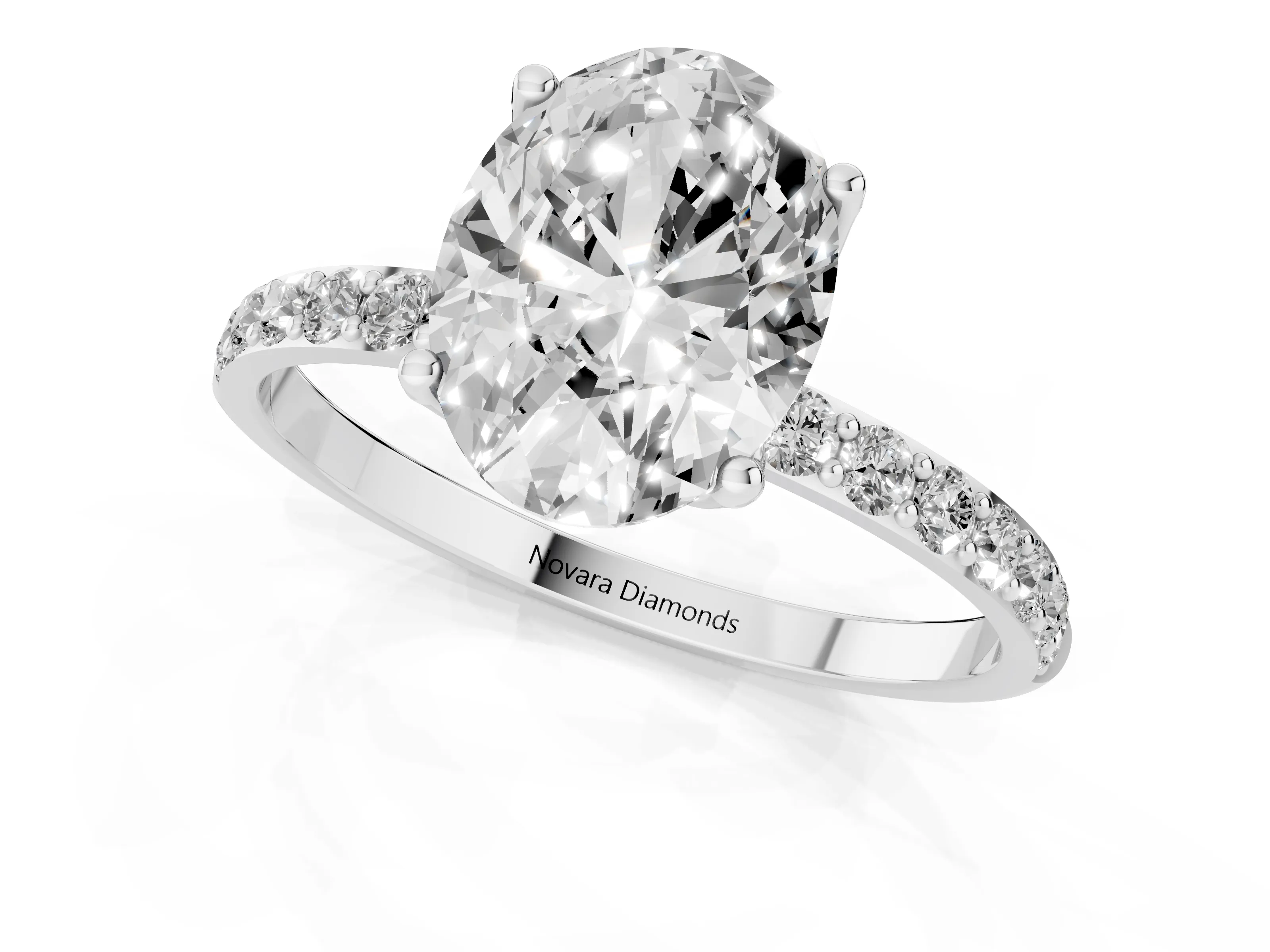 Oval Cut Diamond Solitaire Engagement Ring Set in White gold with Round Pavé Band and Prong Setting