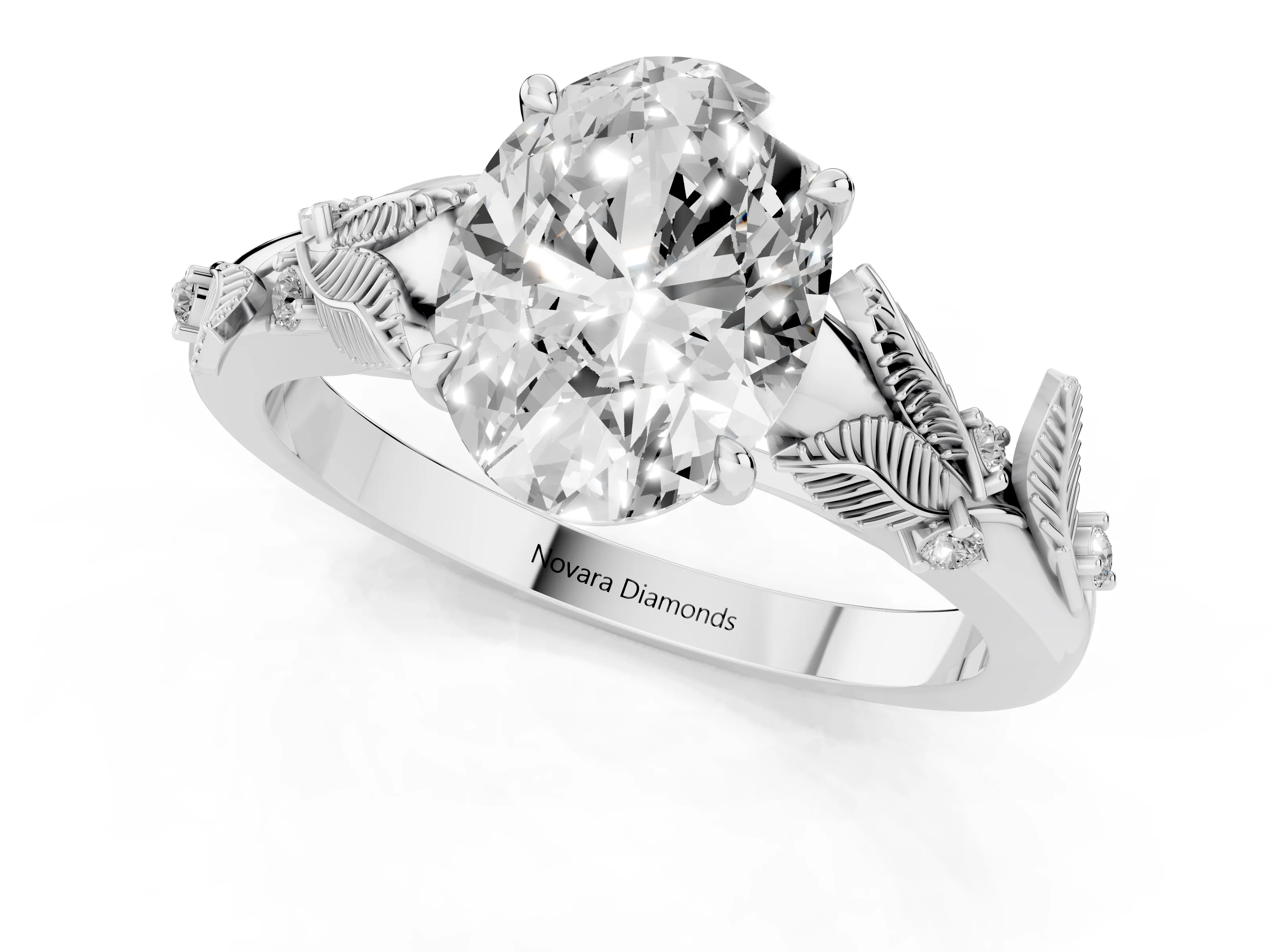 Oval Cut Diamond Solitaire Ring Set in White gold with Leaf Motif Band