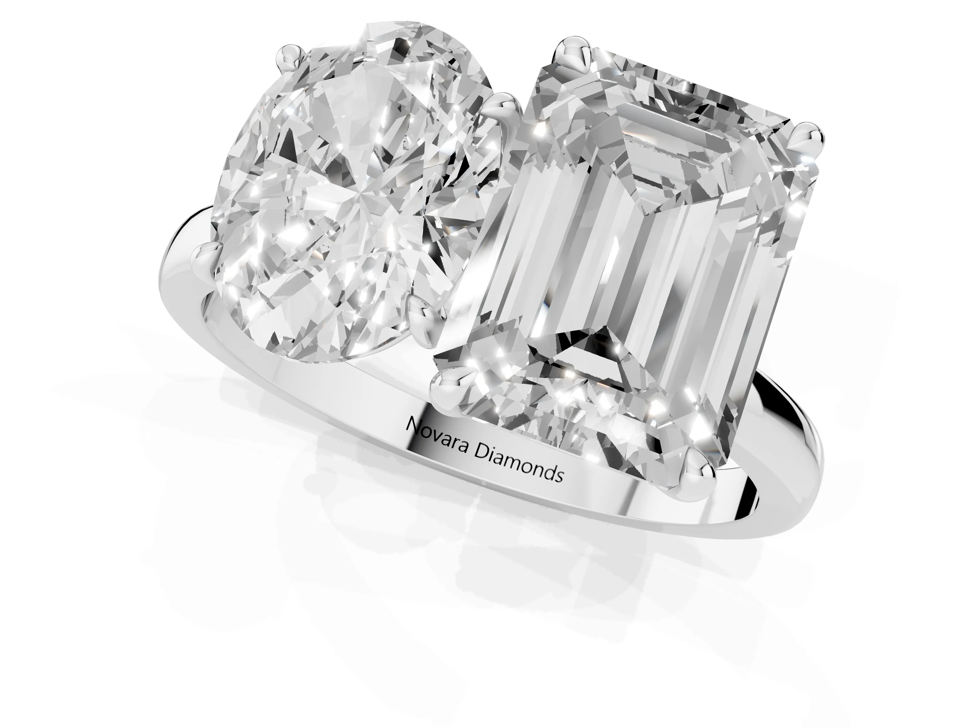 Oval Cut and Emerald Cut Toi Moi Ring Set in White gold with Prong Setting