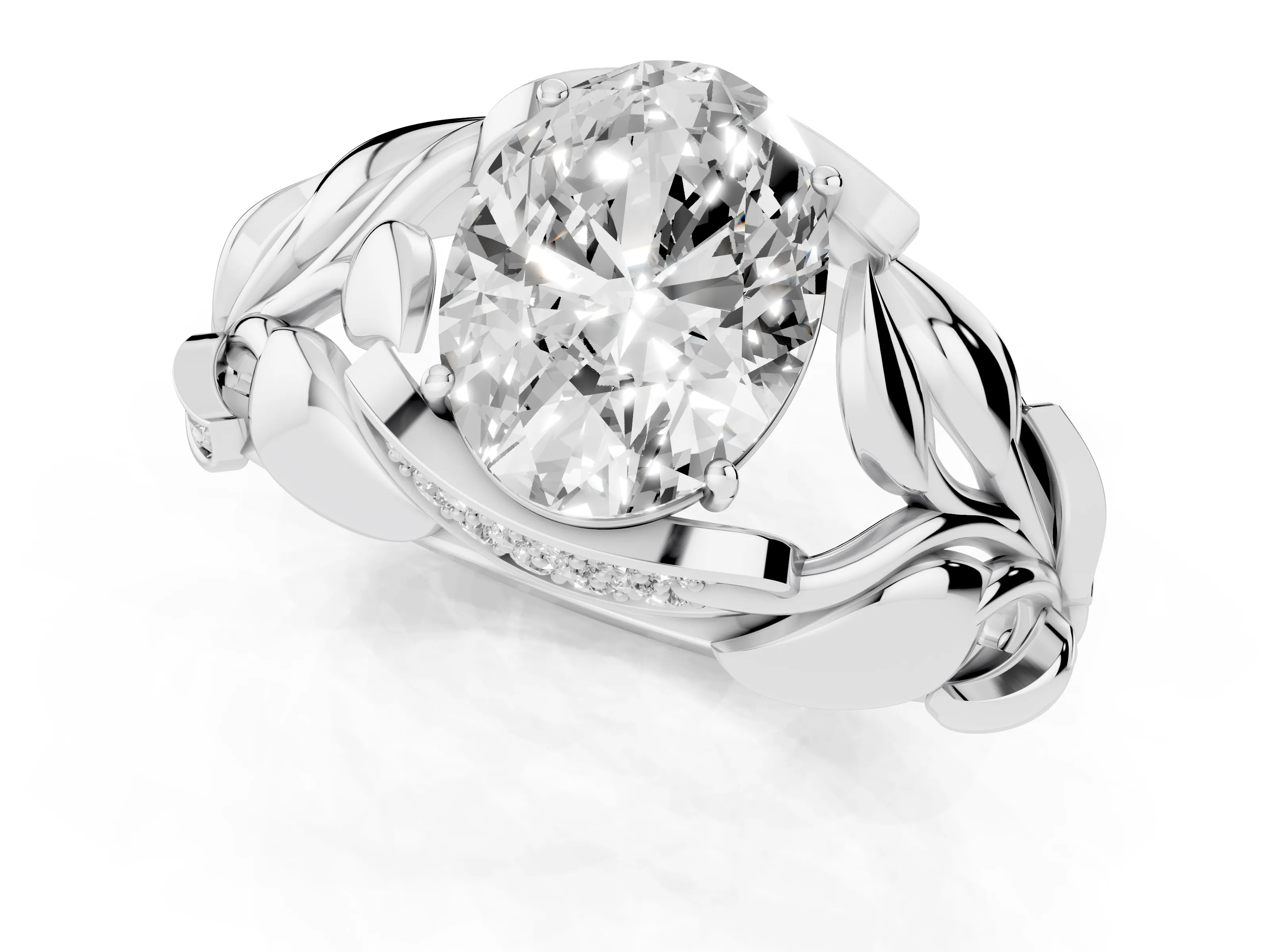 Oval Cut Diamond Leaf-Inspired Engagement Ring Set in White gold with Round Accents