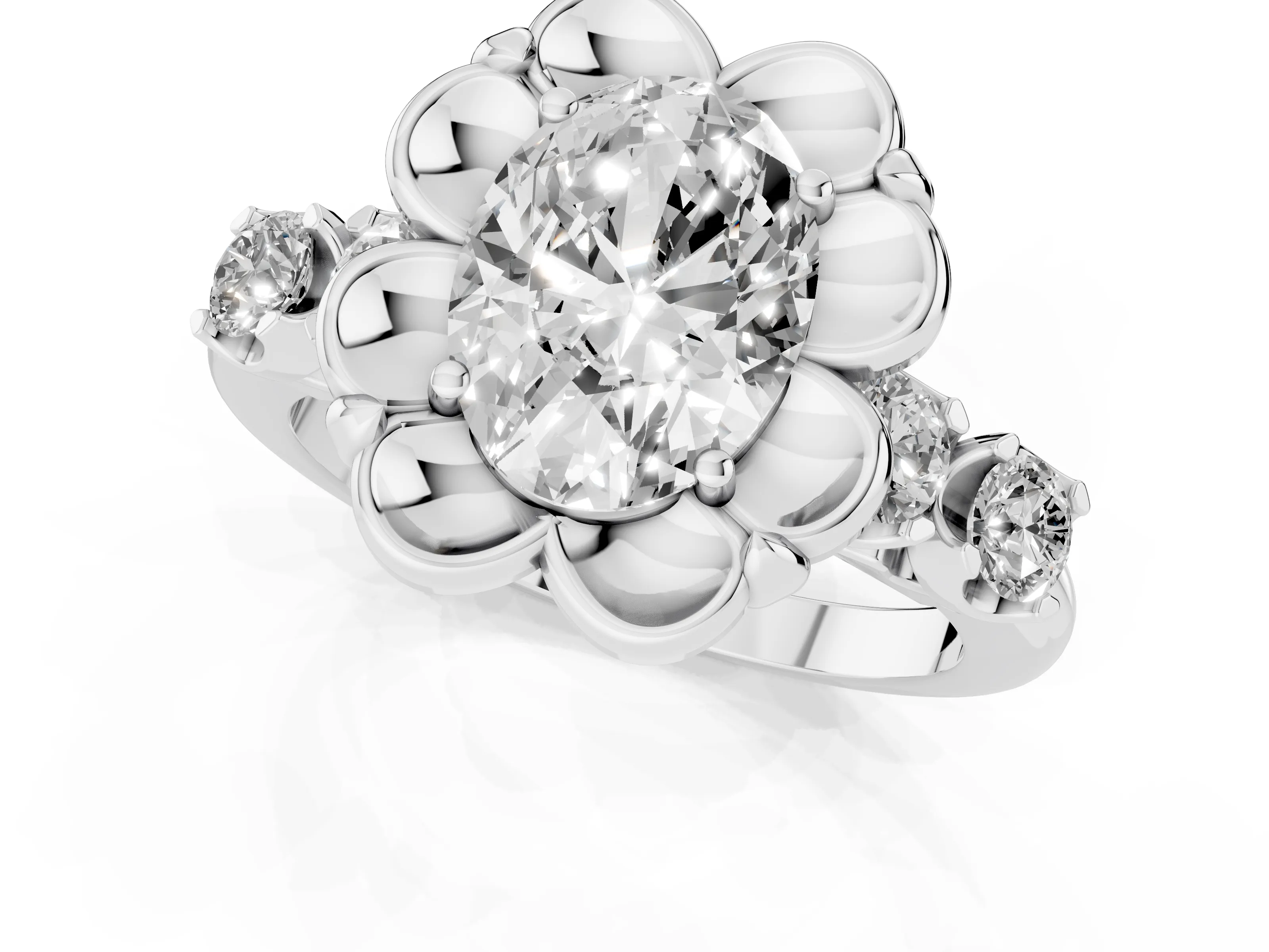 Oval Cut Diamond Floral Halo Ring Set in Silver with Shared Prong Band