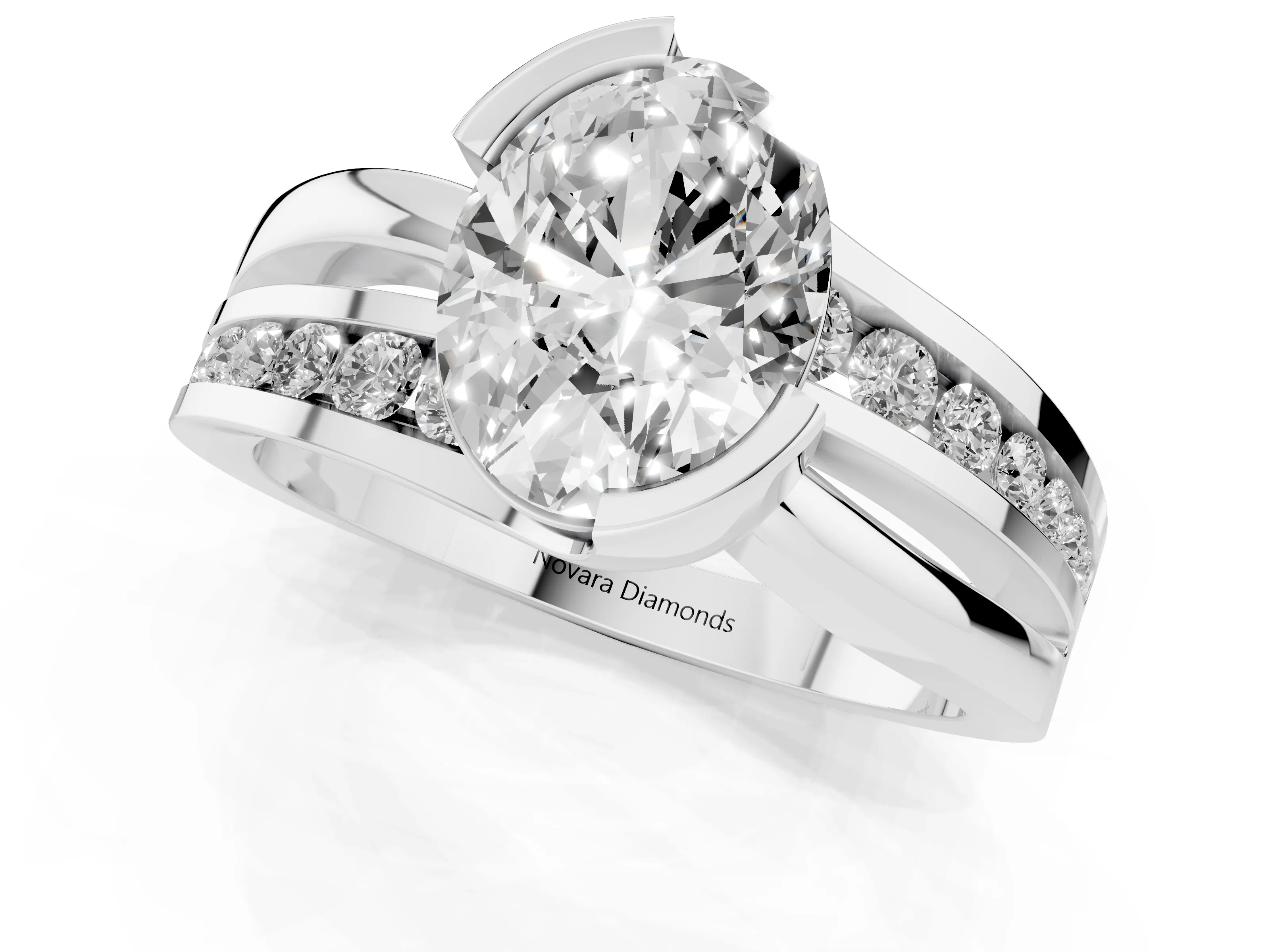 Oval Cut Diamond Solitaire Ring Set in Silver with Channel Set Split Shank and Tension Prongs – second view