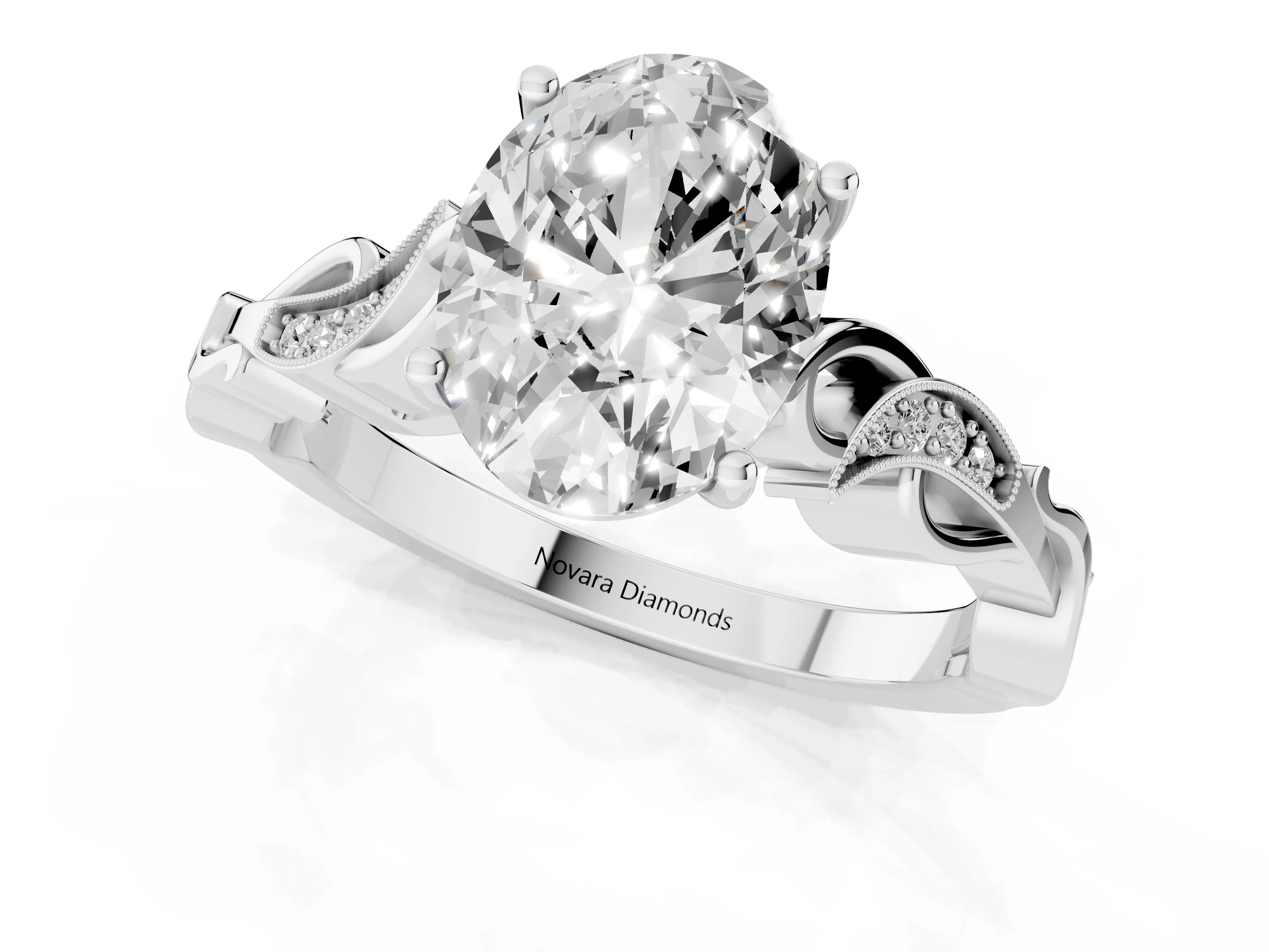 Oval Cut Diamond Vine Band Solitaire Ring Set in Platinum with Milgrain Prong Setting