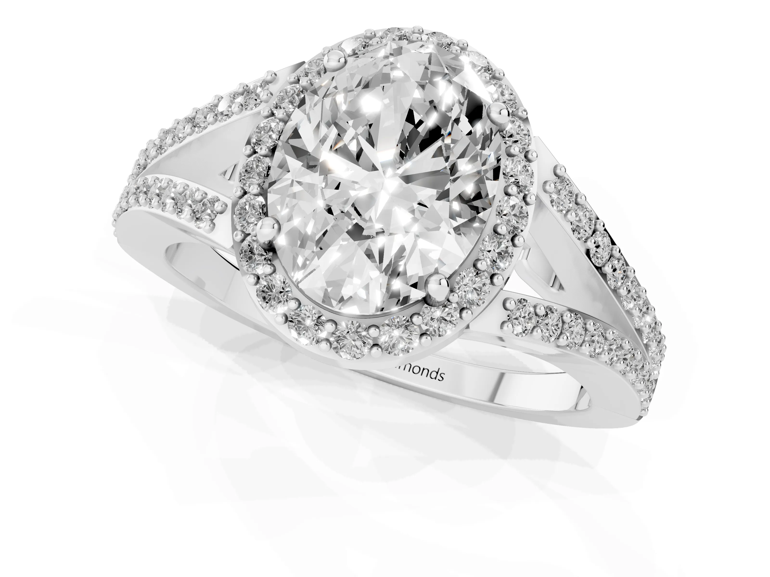 Oval Cut Diamond Halo Split Shank Ring Set in White gold with Accent Stones and Prong Setting