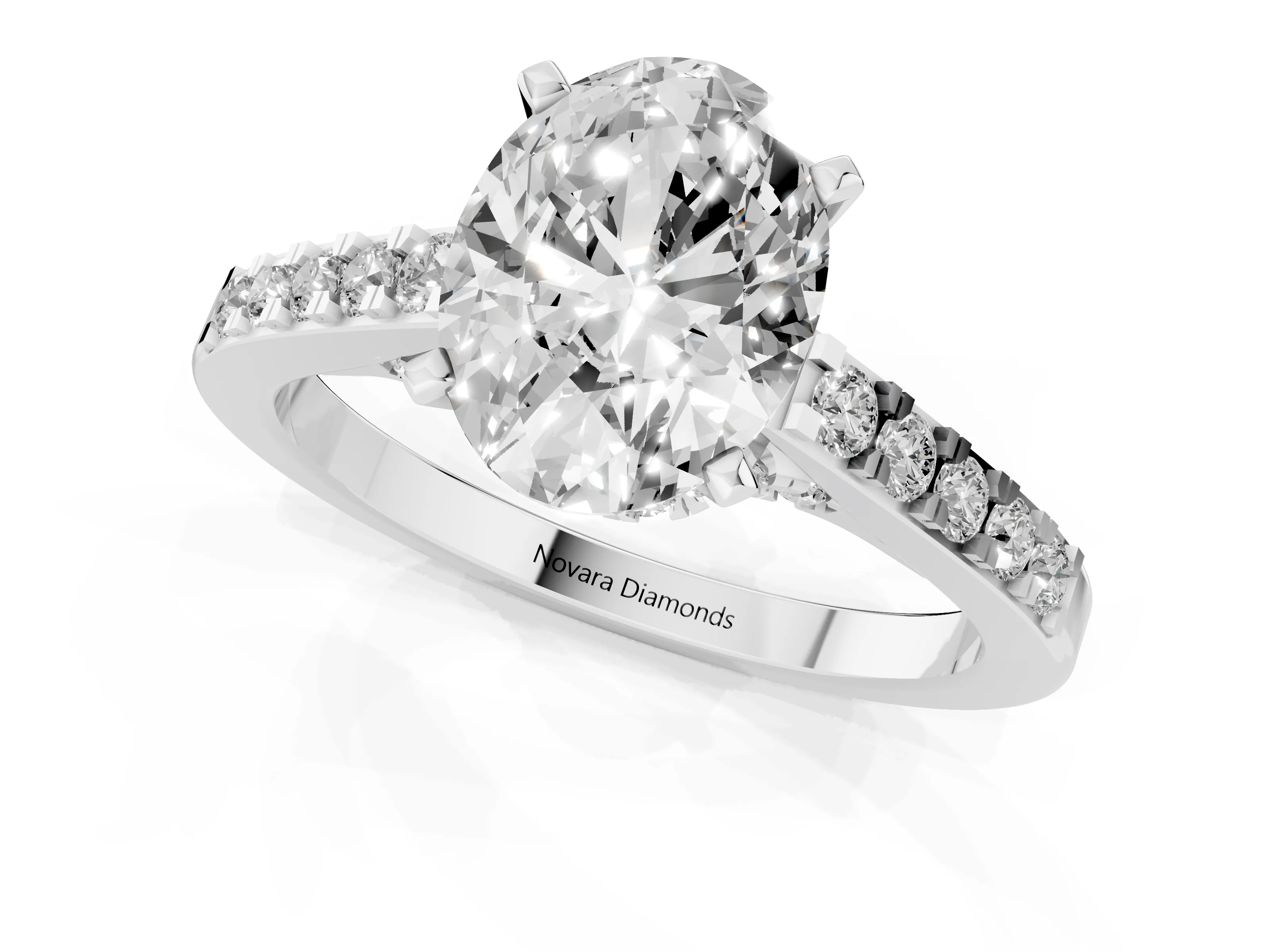 Oval Cut Diamond Solitaire Ring Set in Silver with Crossover Gallery and Round Pavé Band – second view