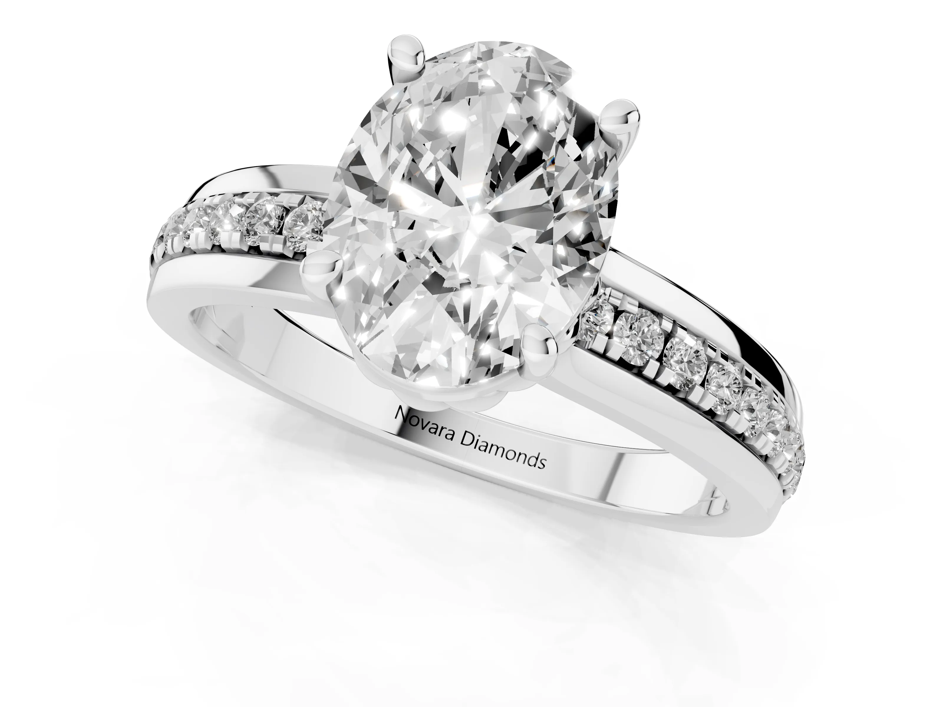 Oval Cut Diamond Solitaire Ring Set in Platinum with Channel Set Band and Prong Setting
