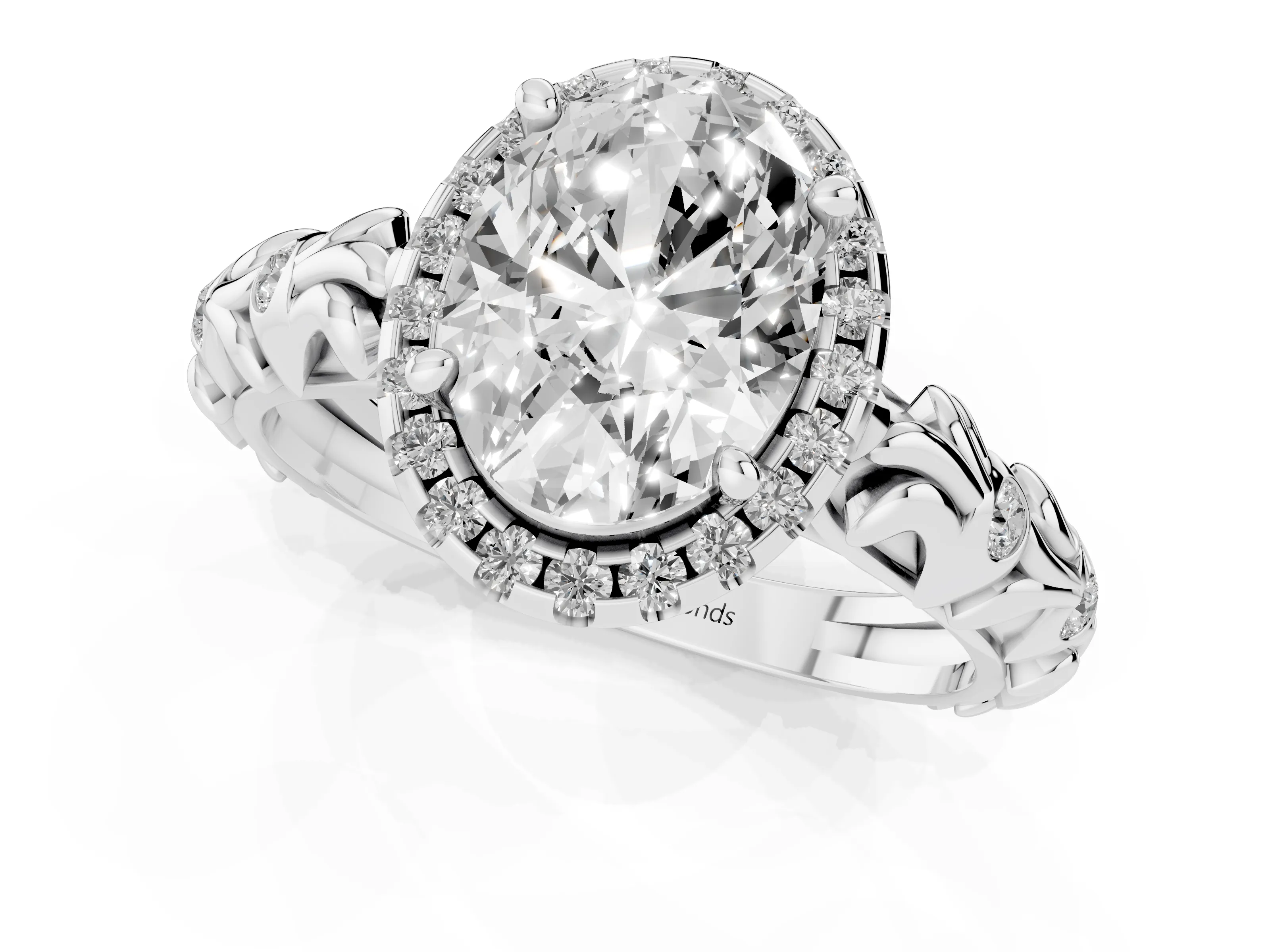 Oval Cut Diamond Halo Ring Set in Platinum with Filigree Leaf Band and Prong Setting – second view