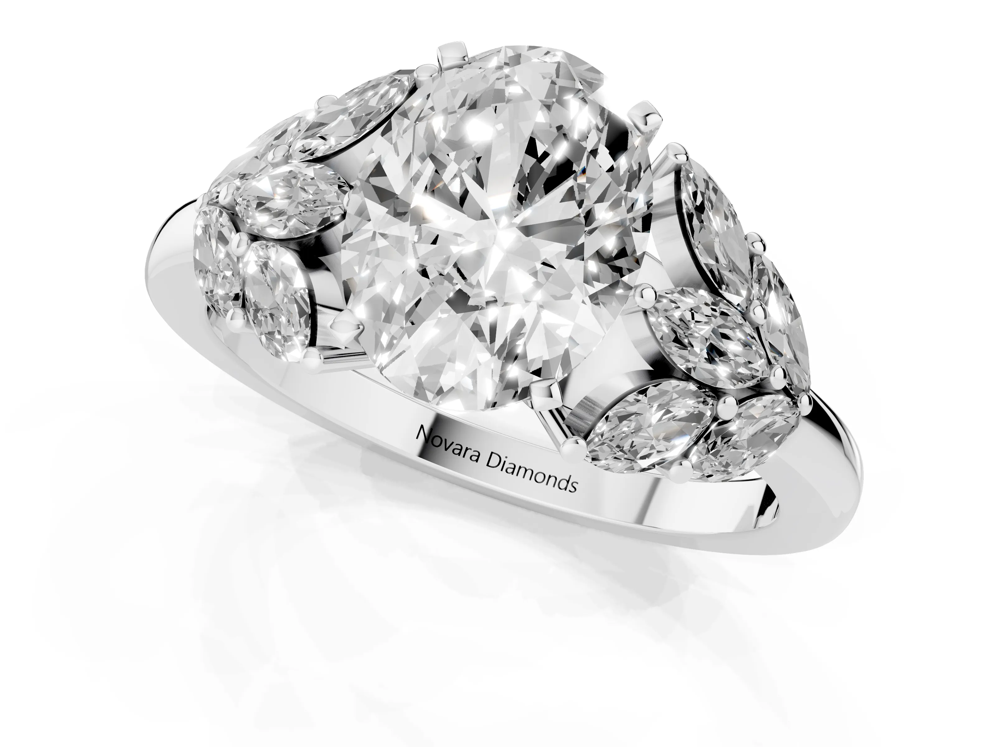 Oval Cut Diamond Cluster Leaf Design Ring Set in White gold with Prong Setting