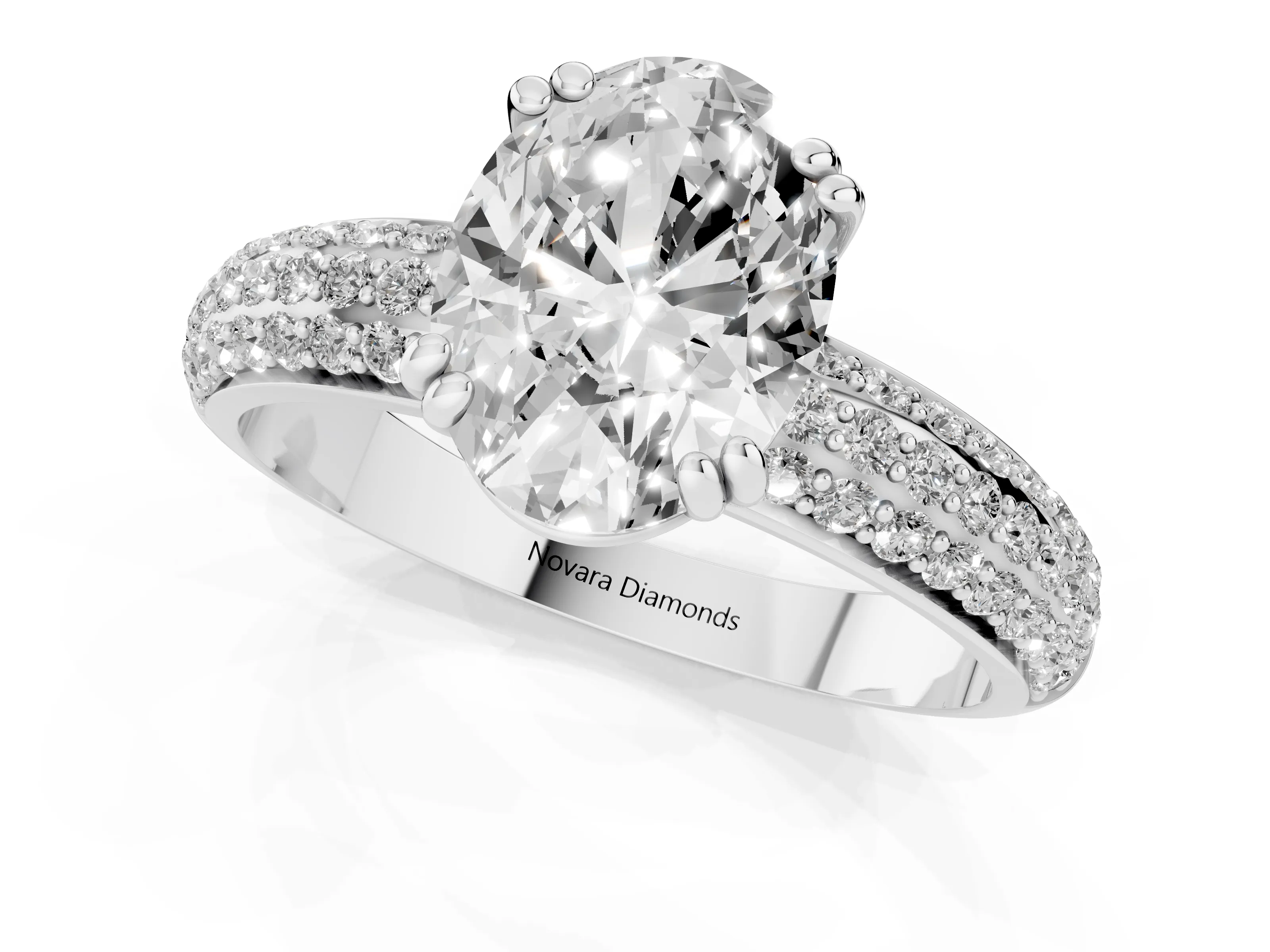 Oval Cut Diamond Solitaire Ring Set in White gold with Multi-Row Round Pavé Band and Prong Setting