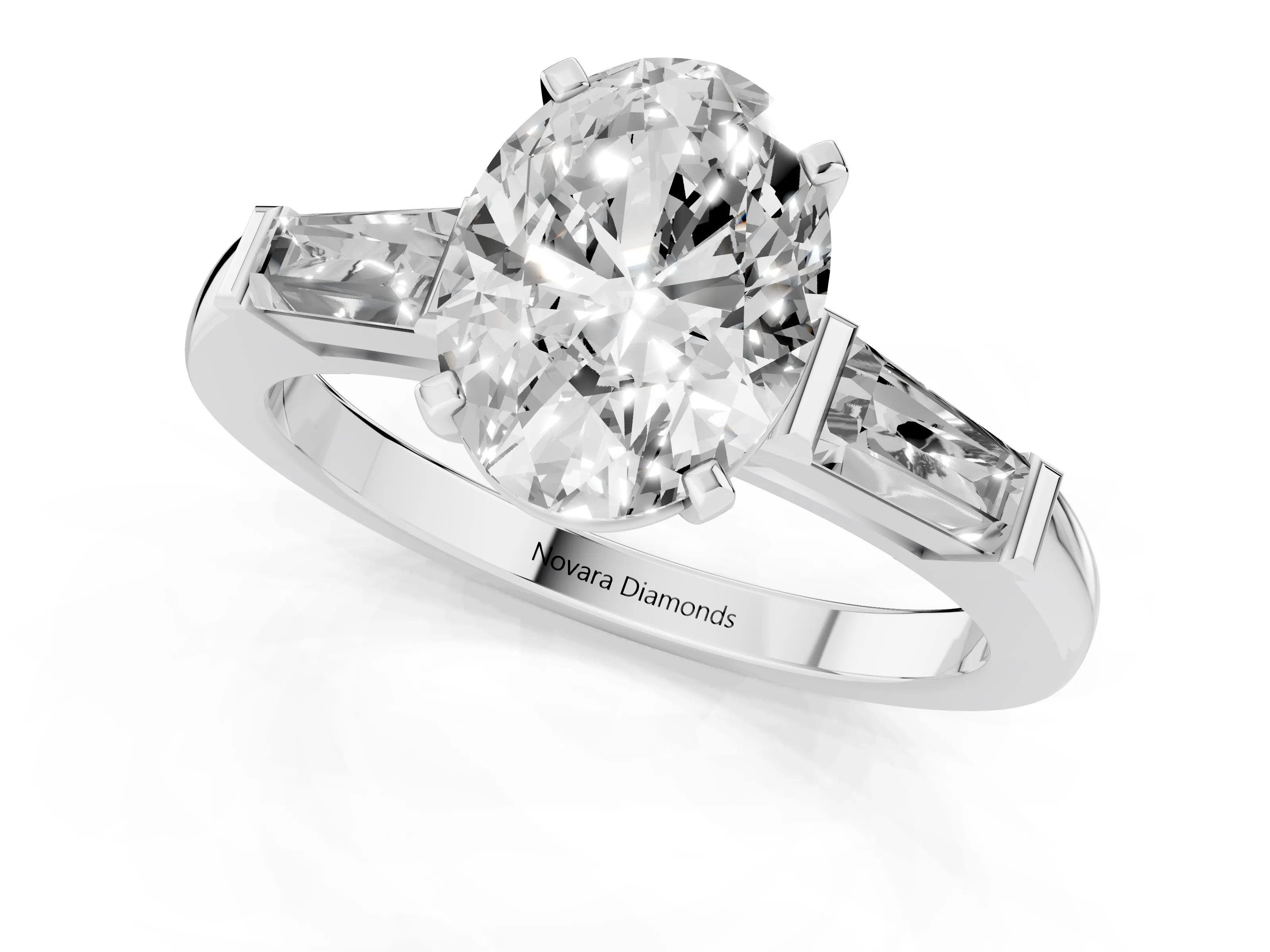 Oval Cut Diamond Solitaire Ring Set in Platinum with Tapered Baguette Side Stones and Prong Setting