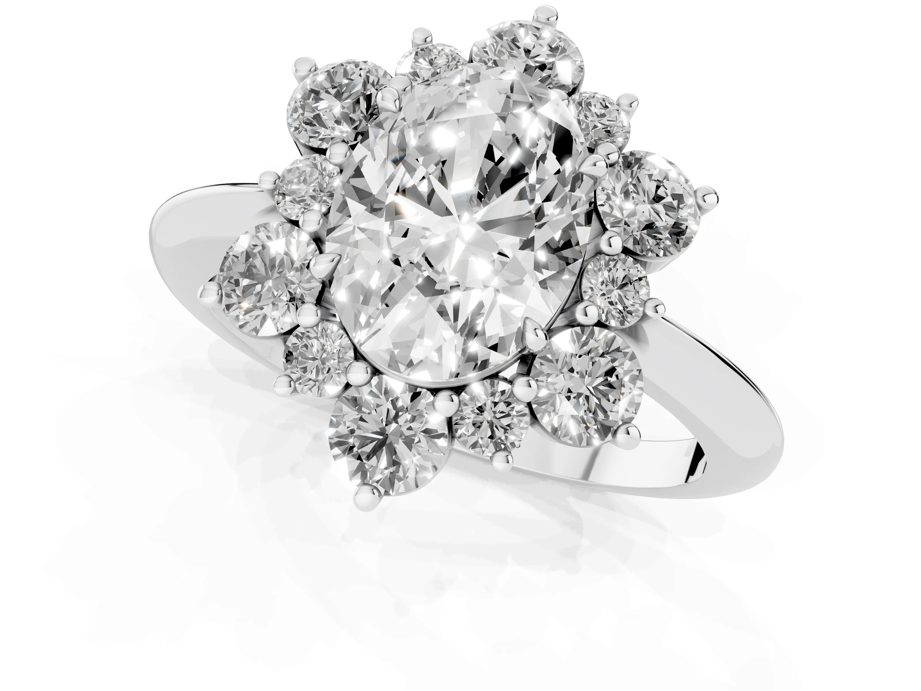 Oval Cut Diamond Cluster Halo Ring Set in Silver with Solitaire Band and Prong Setting