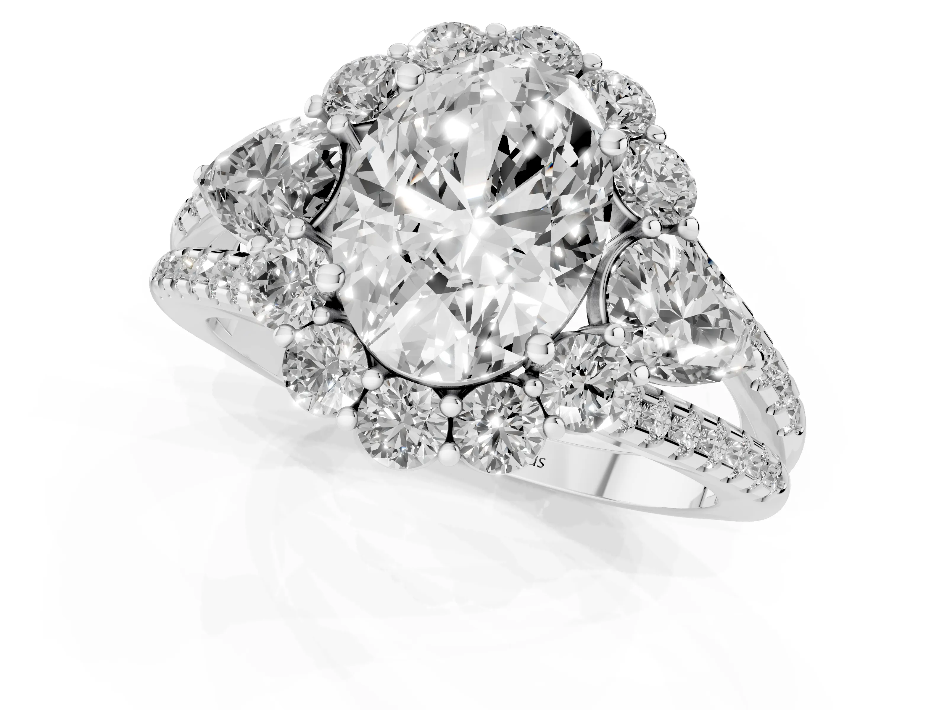 Oval Cut Diamond Halo Split Shank Engagement Ring Set in Silver with Prong-Held Center Stone – second view