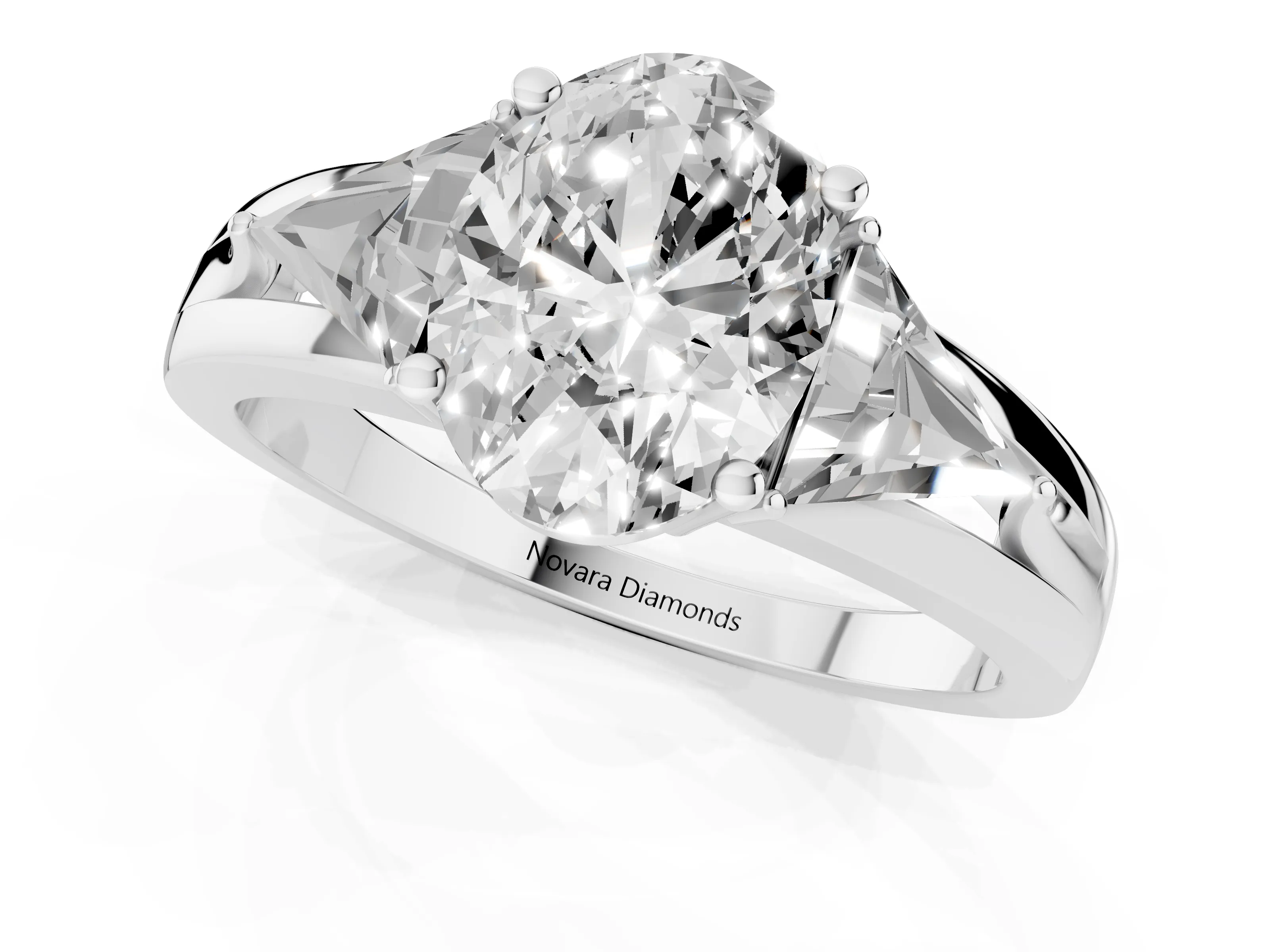 Oval Cut Diamond Three-Stone Ring Set in White gold with Trillion Side Stones and Split Shank