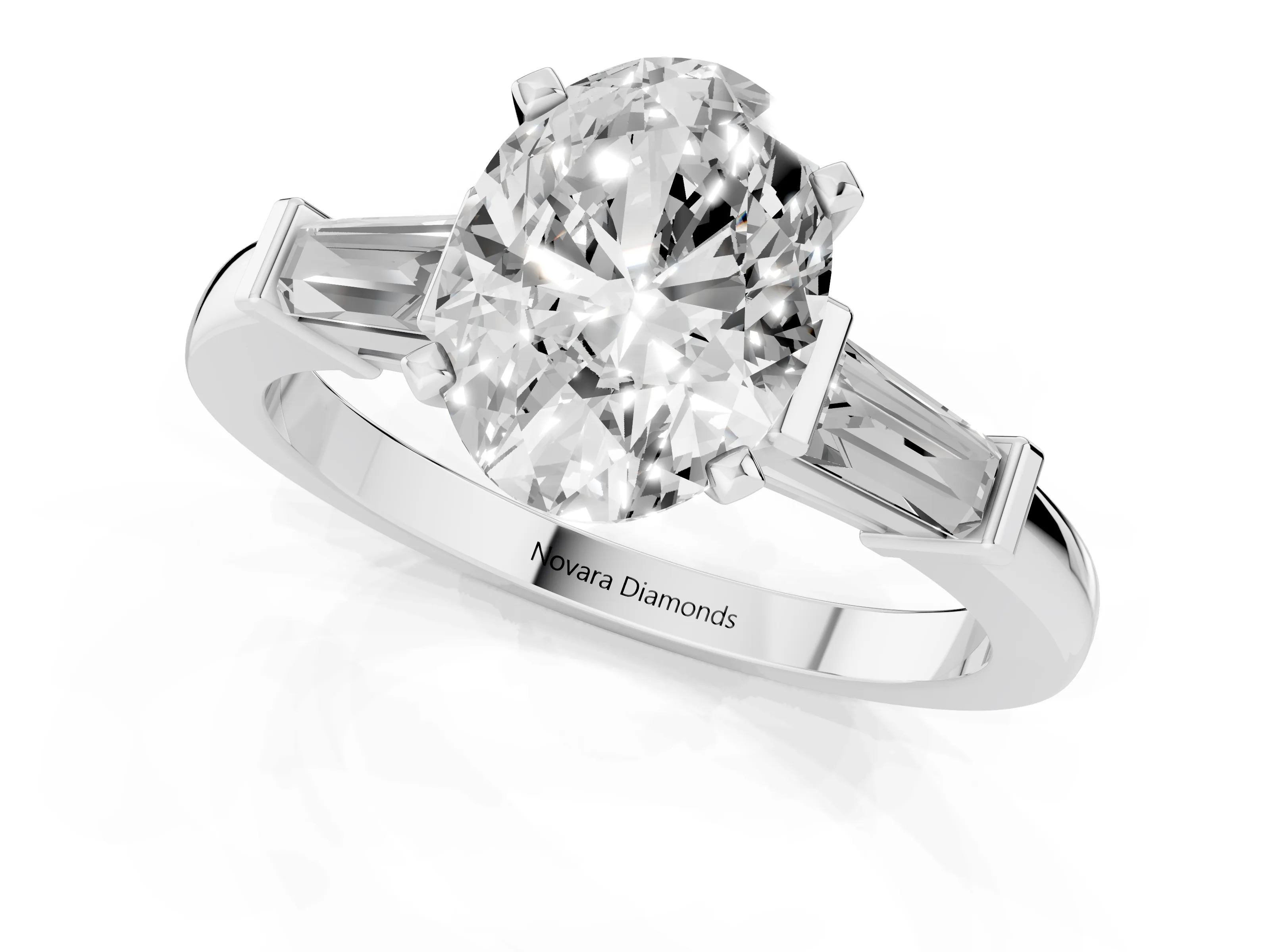 Oval Cut Diamond Solitaire Ring Set in White gold with Tapered Baguette Accents and Prong Setting