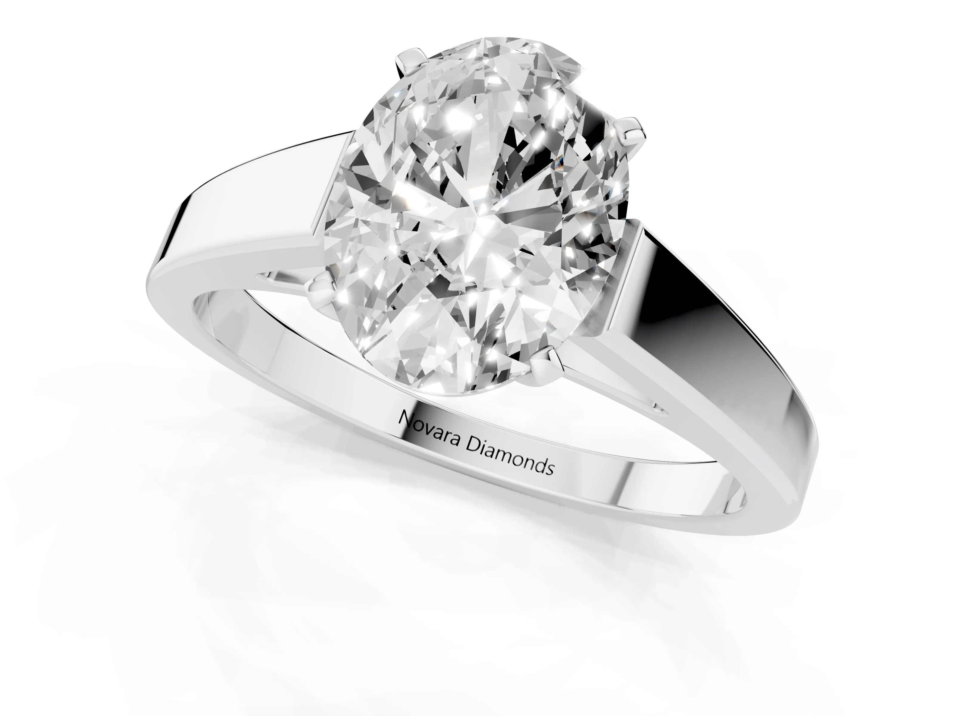 Oval Cut Diamond Solitaire Engagement Ring Set in White gold with Prong Setting and Tapered Band