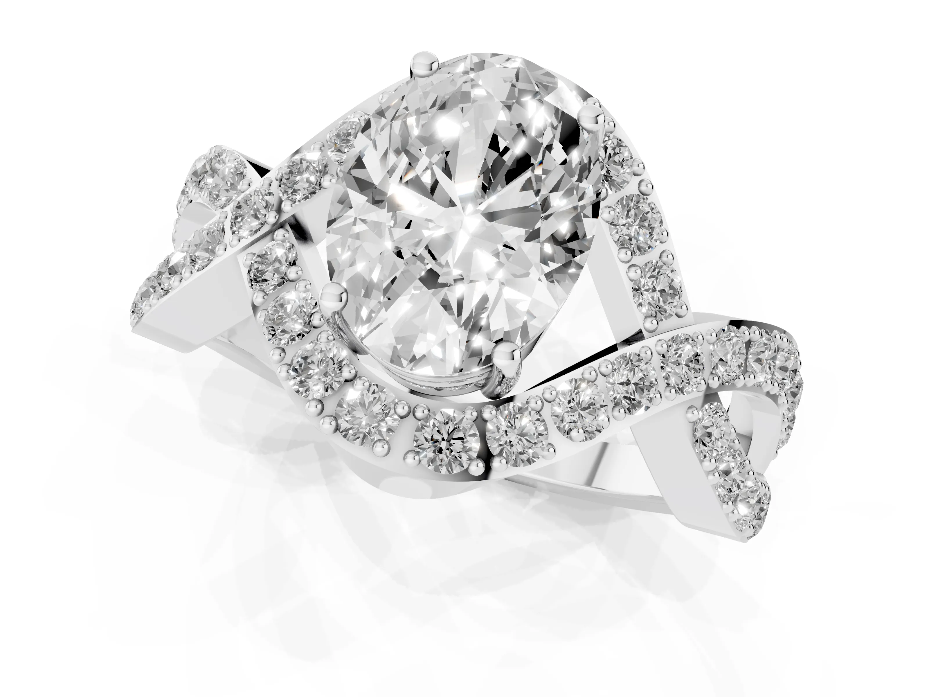 Oval Cut Diamond Solitaire Twist Band Pavé Engagement Ring Set in Platinum