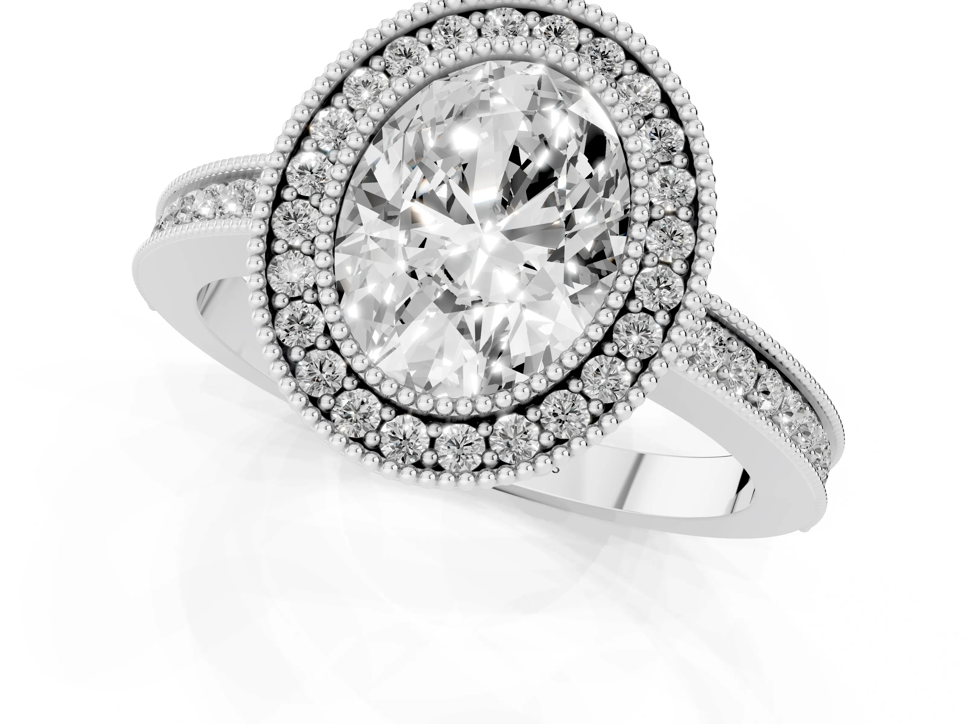 Oval Cut Diamond Halo Ring Set in Platinum with Pavé Band and Milgrain-Edged Prongs