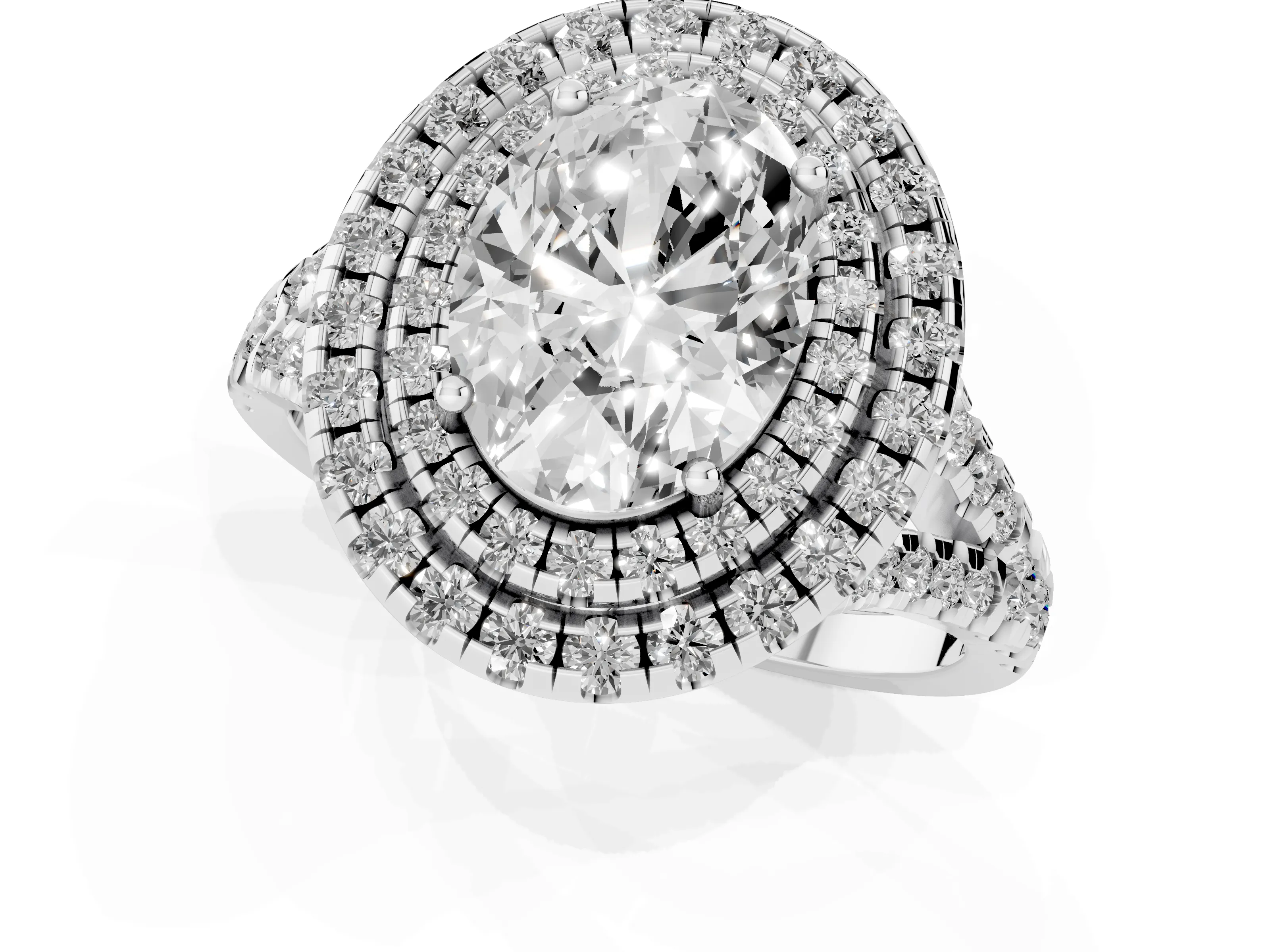Oval Cut Diamond Double Halo Ring Set in Silver with Pavé Split Shank and Prong Setting