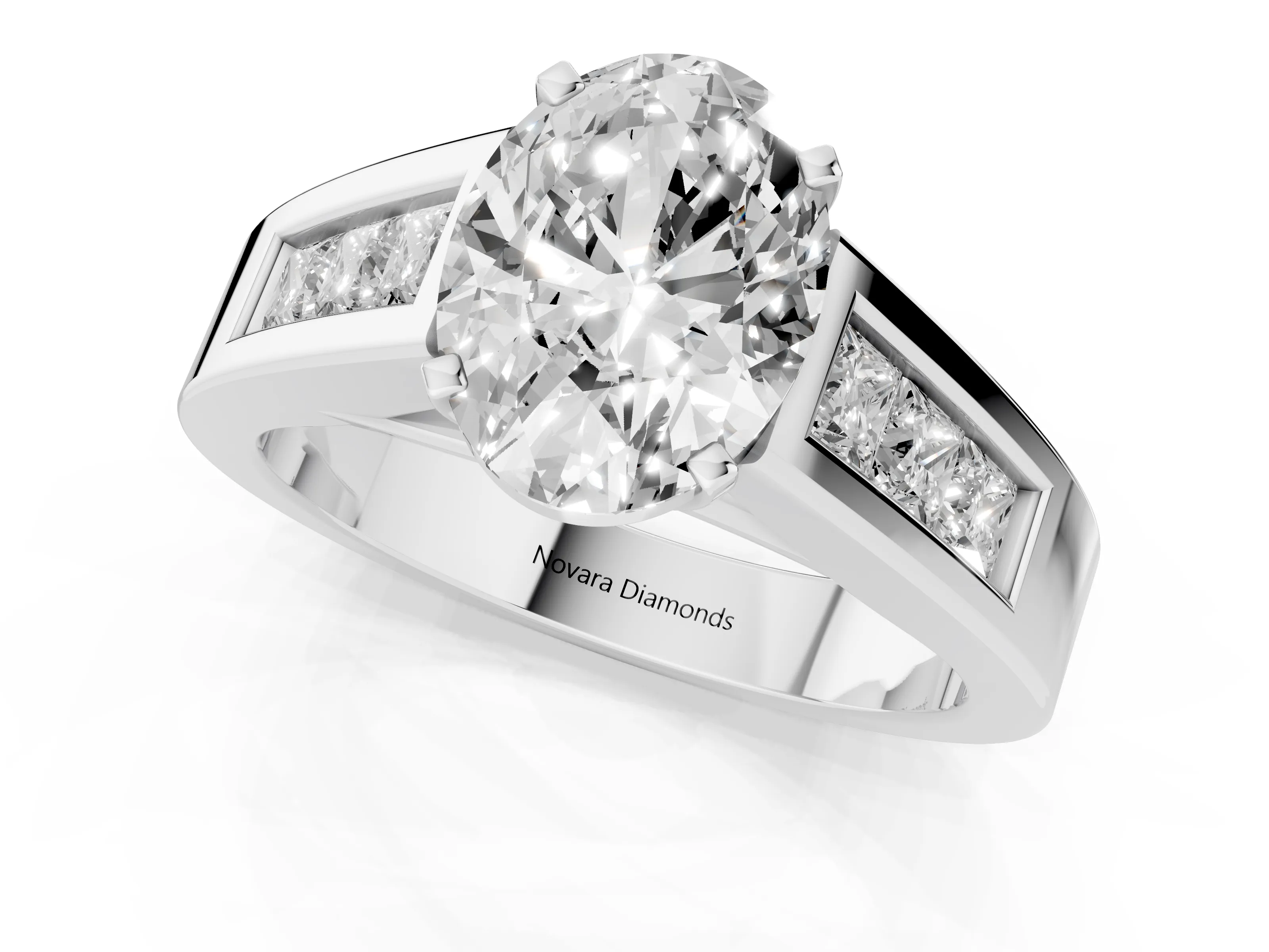 Oval Cut Diamond Solitaire Ring Set in Platinum with Channel-Set Accent Stones and Prong Setting