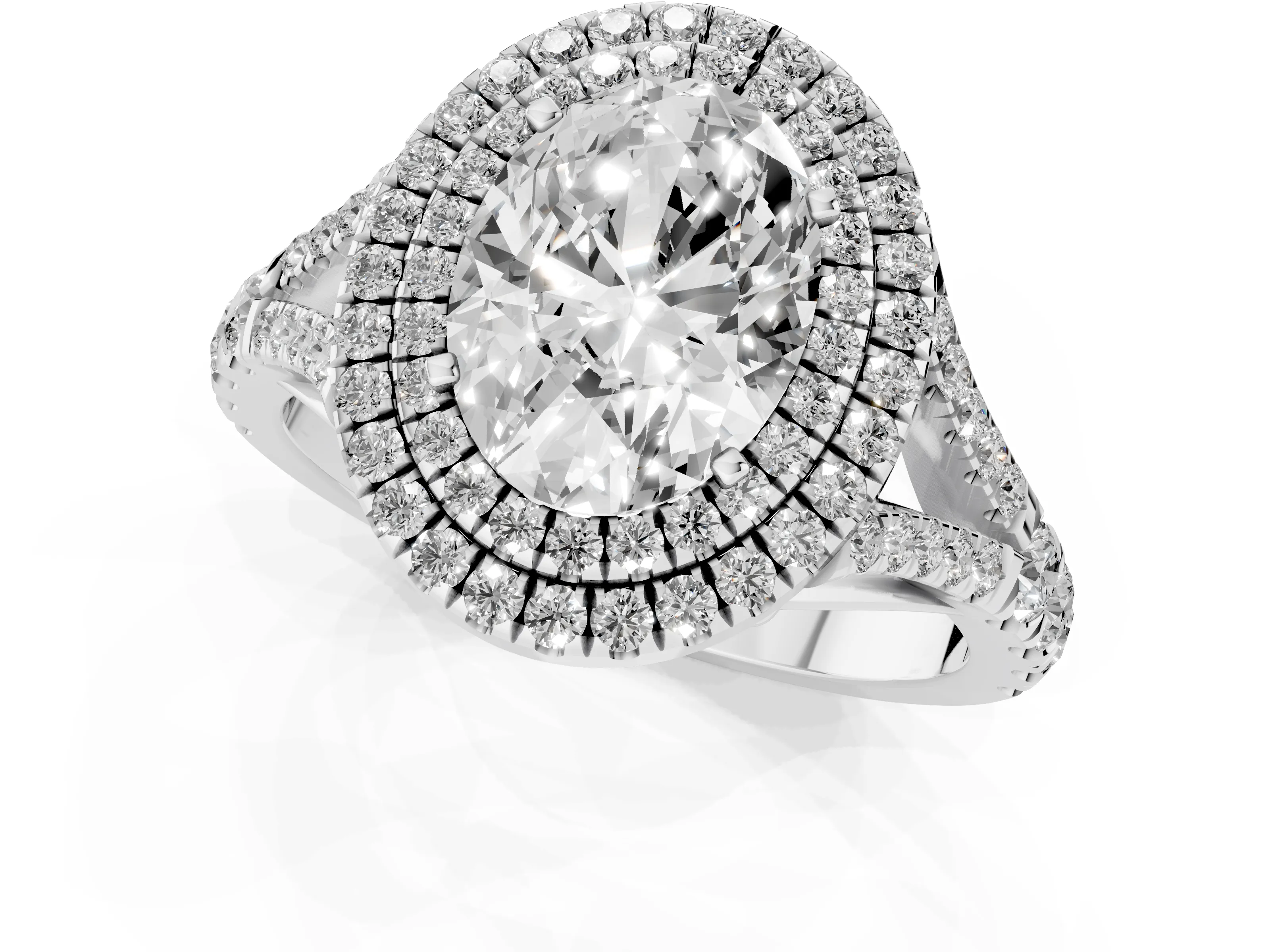 Oval Cut Diamond Pavé Split Shank Double Halo Engagement Ring Set in Silver