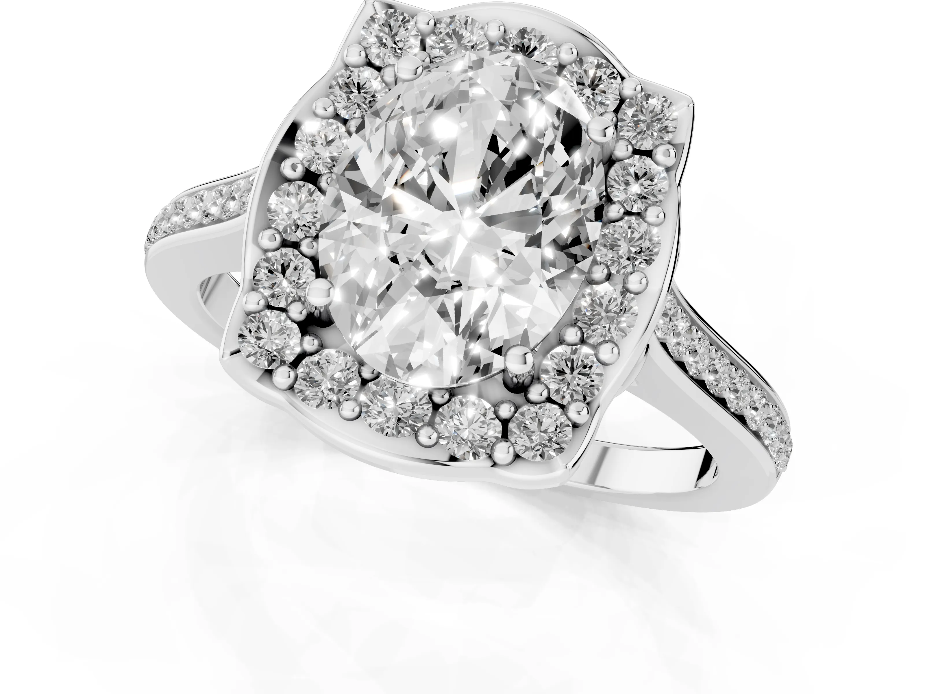Oval Cut Diamond Halo Ring Set in Platinum with Pavé-Lined Shoulders and Prong Setting
