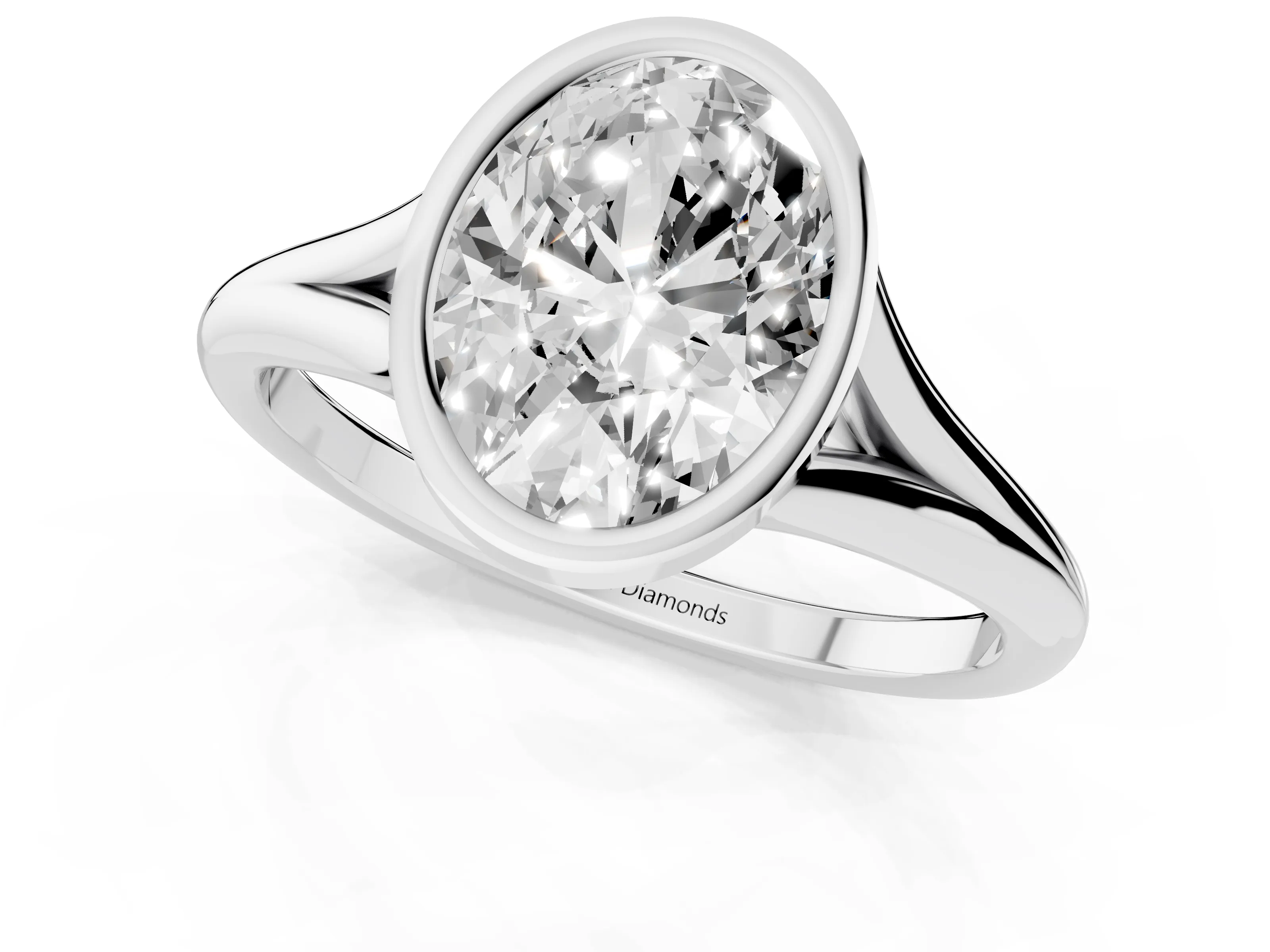 Bezel Set Oval Cut Diamond Solitaire Ring Set in Platinum with Tapered Band