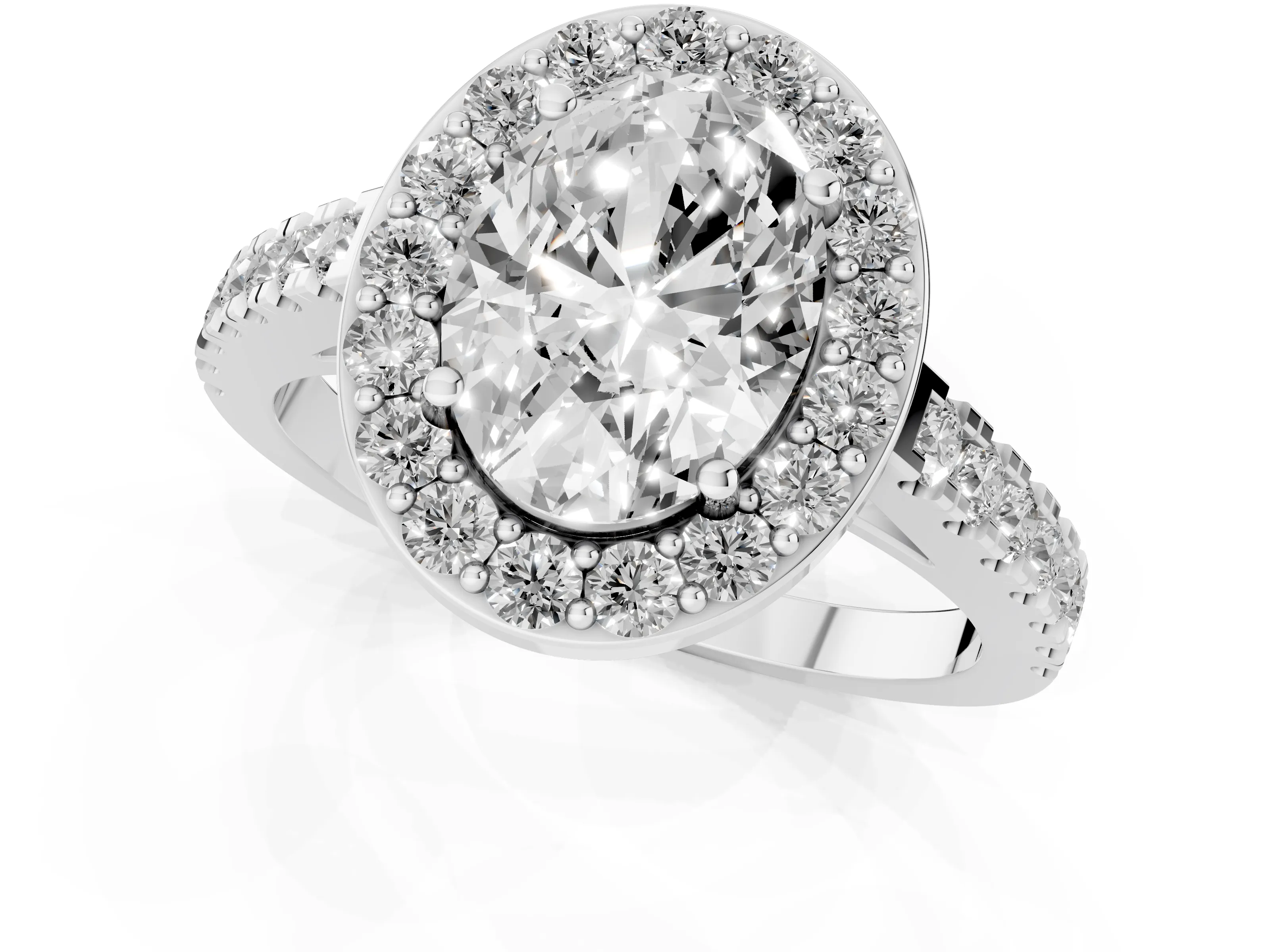 Oval Cut Diamond Halo Ring Set in Silver with Round Pavé Split Shank and Prong Setting
