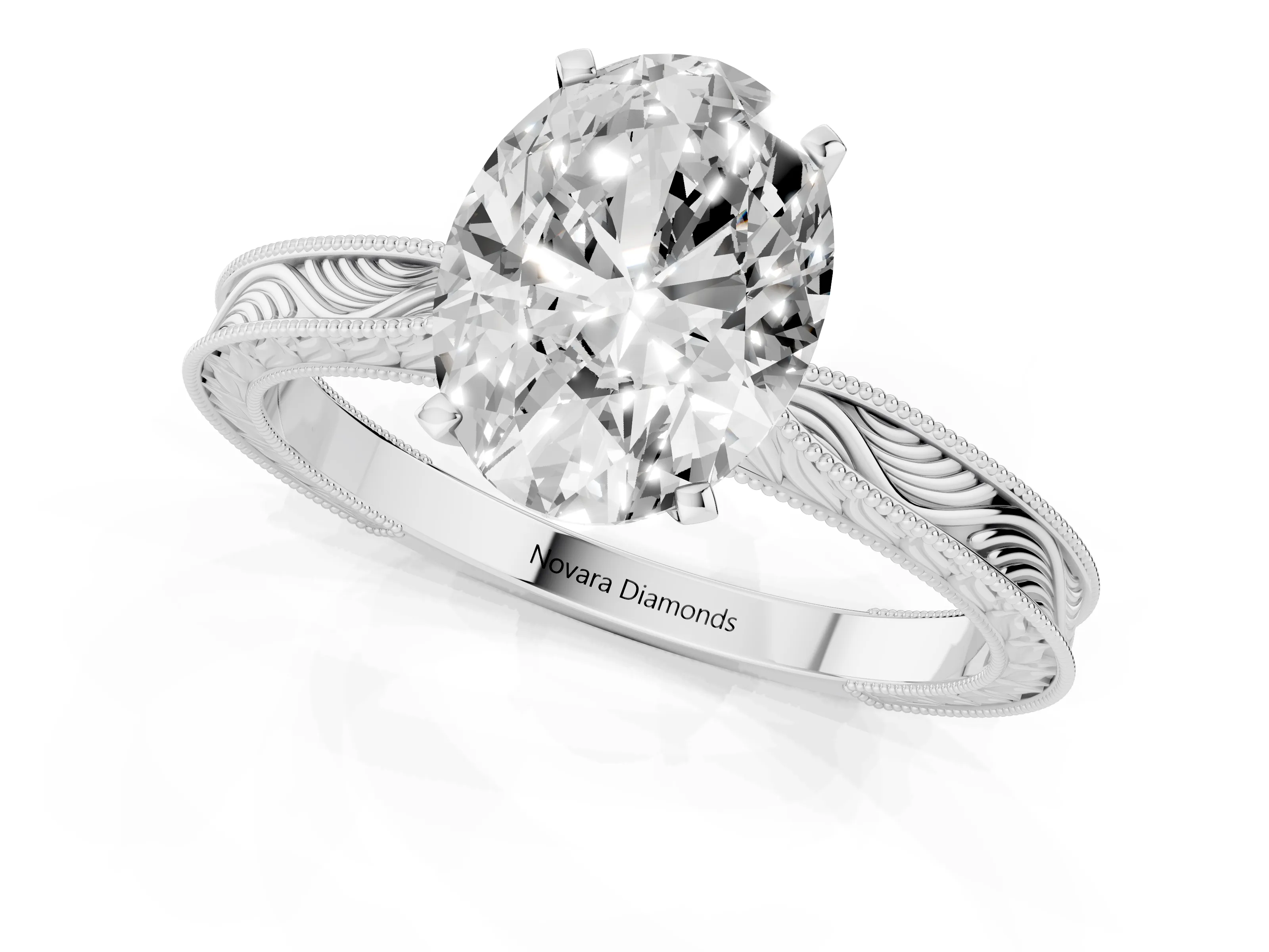 Oval Cut Diamond Solitaire Milgrain Engraved Band Set in Platinum with Prong Setting