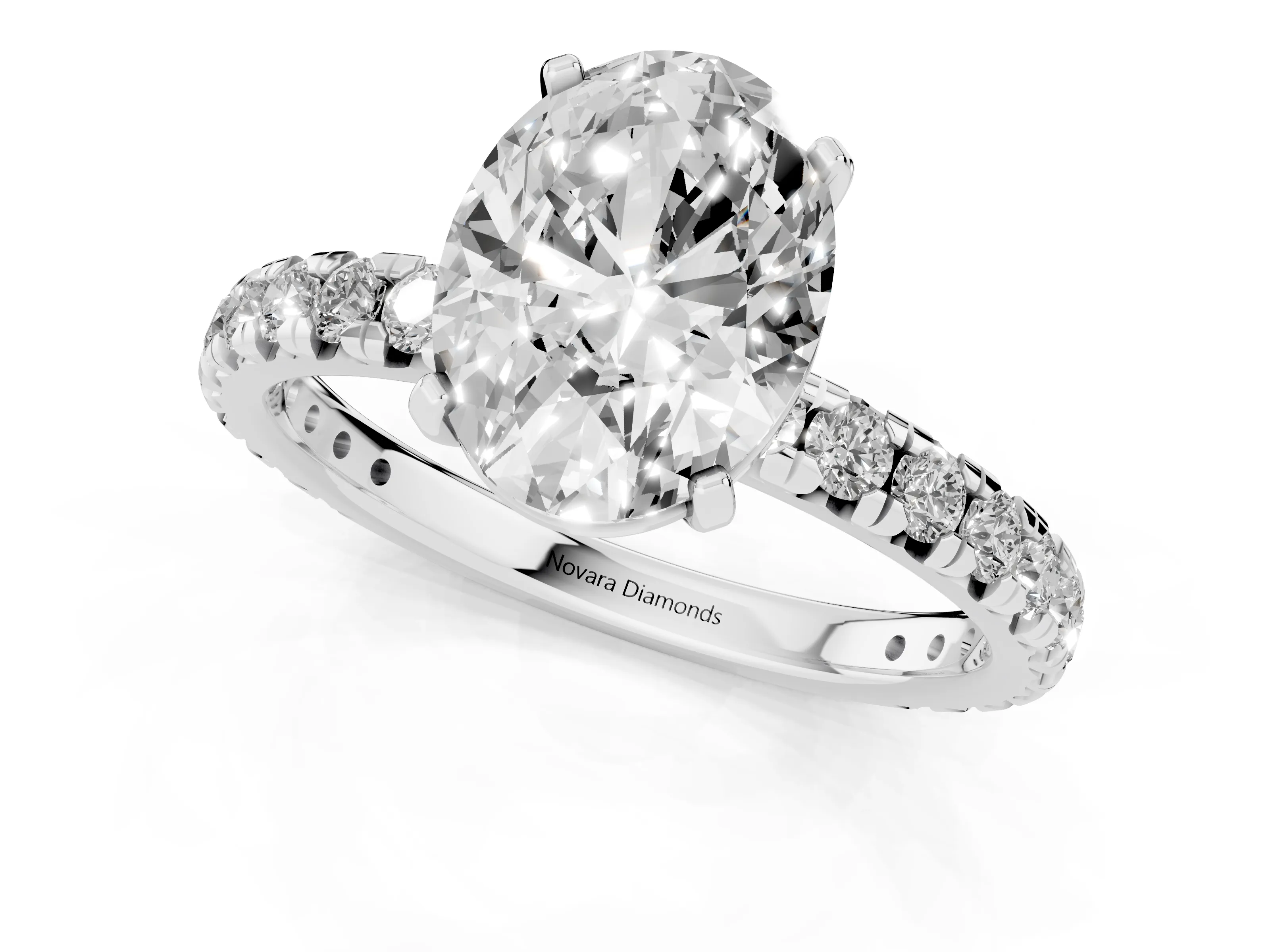 Oval Cut Diamond Pavé Solitaire Ring Set in Silver with Round Band and Prong Setting – second view