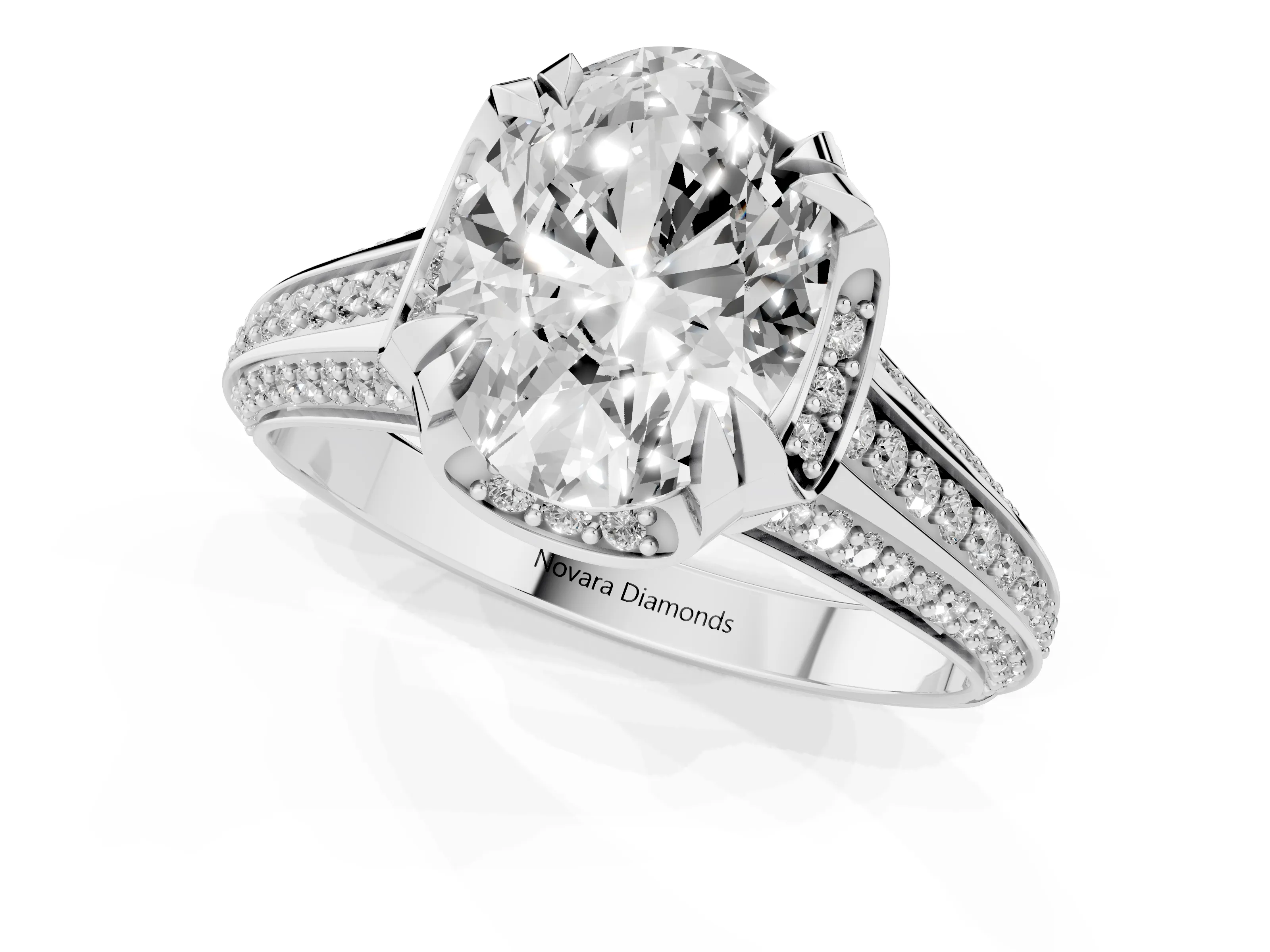Oval Cut Diamond Pavé Split Shank Solitaire Ring Set in White gold with Prong Setting