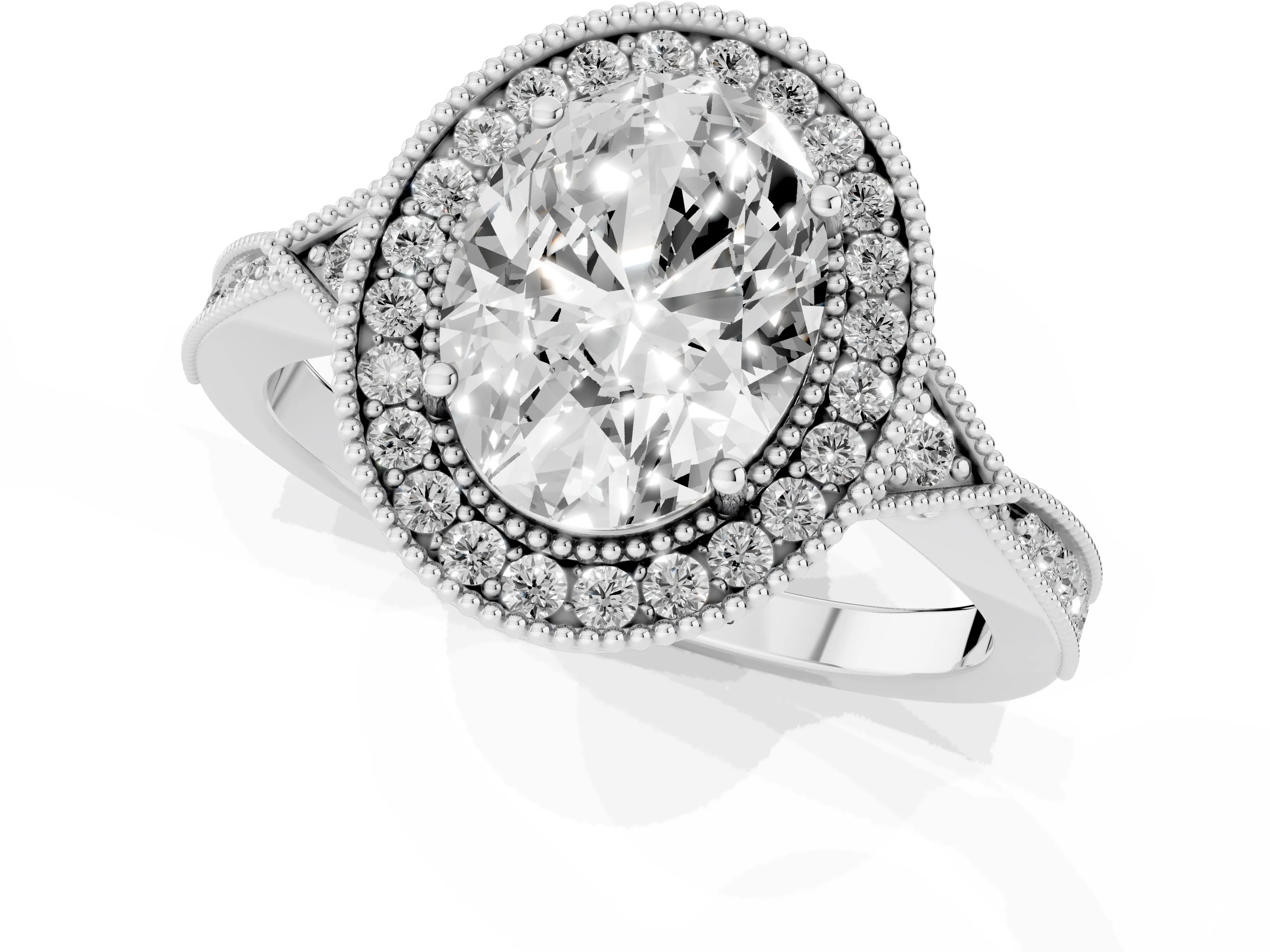 Oval Cut Diamond Halo Engagement Ring Set in Silver with Milgrain Pavé Band
